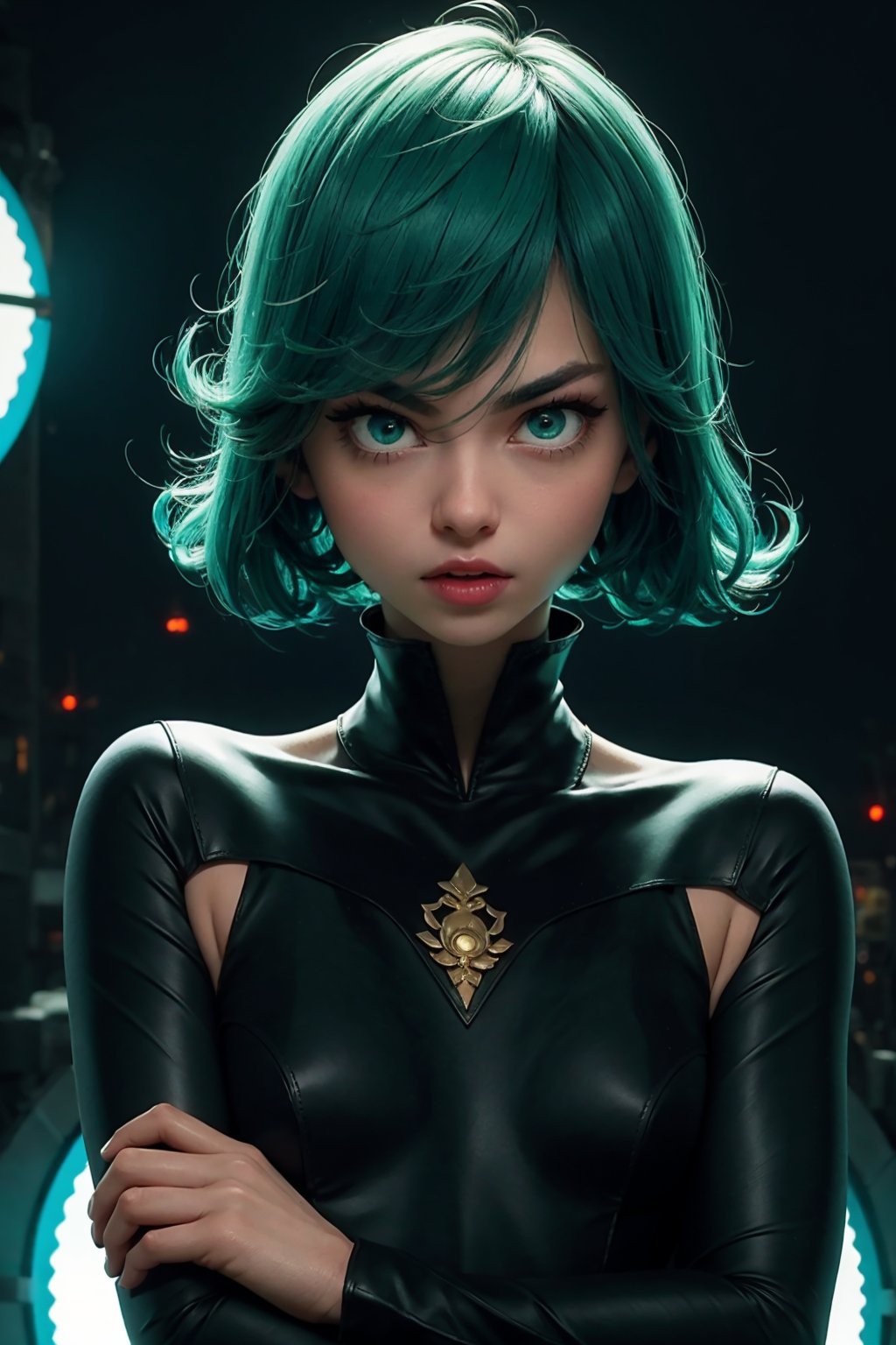 masterpiece, best quality, (detailed background), (beautiful detailed face, beautiful detailed eyes), absurdres, highres, ultra detailed, masterpiece, best quality, detailed eyes, frown, green_eyes, green hair, crossed_arms, folded arms, floating, dark green tight dress, long_sleeves, high collar, ,asian girl, upper body, sexy pose, alluring, erotic pose, open mouth, seductive, kinky, close-fitting clothing, neck bone, at the heroes base, midnight, cyberounk scene, neon lights, upper body, close shot