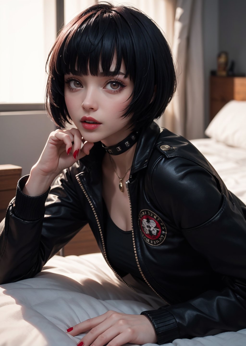 masterpiece, best quality, (detailed background), (beautiful detailed face, beautiful detailed eyes), absurdres, highres, ultra detailed, masterpiece, best quality, detailed eyes, full body, 1_girl, cyberpunk scene, Tae Takemi, Persona 5 game, blue dark hair, pink lips, punkrock clothes, neck bone, messy bob cut, blunt bangs, brown eyes, red nails polish, short blue dress, black ripped leggings, short black jacket, red grommet belt, choker, midnight, at a bedroom background, sexy pose, erotic pose, alluring pose, mouth open, kinky pose, close-fitting clothing, arms_folded, crossed_legs_(lying), stripping, laying_down, bend_over, from side