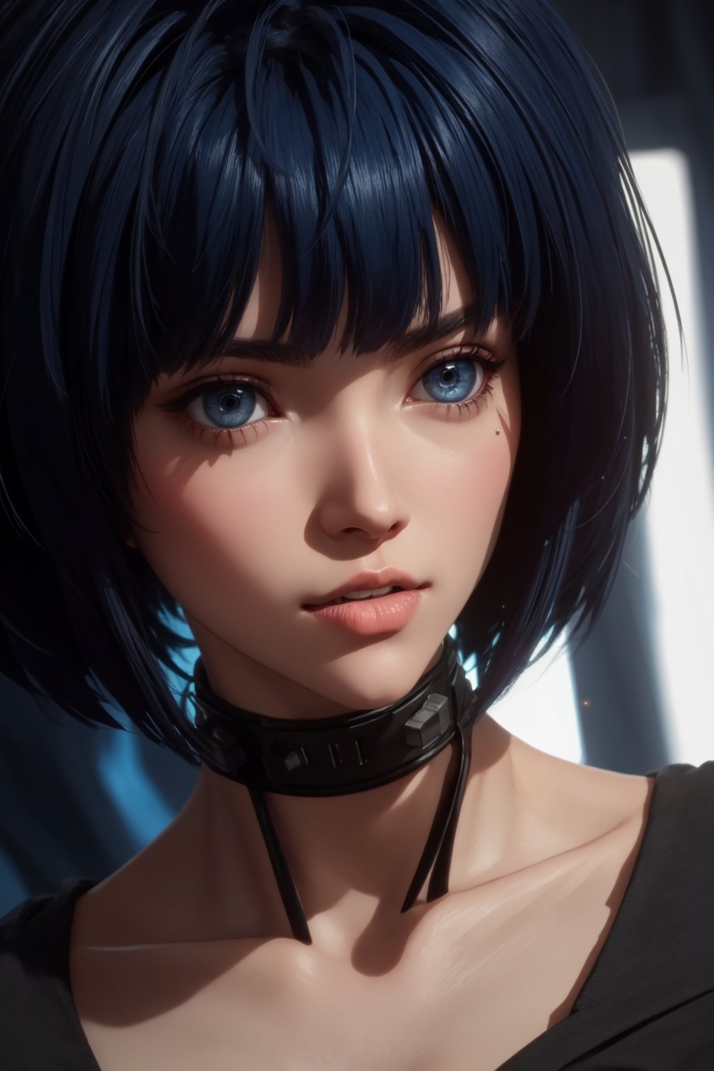 masterpiece, best quality, (detailed background), (beautiful detailed face, beautiful detailed eyes), absurdres, highres, ultra detailed, masterpiece, best quality, detailed eyes, brown_eyes, dark blue hair, alluring, close mouth, neck bone, at the bed room, midnight, cyberpunk scene, neon lights, lightning, light particles, electric, dj theme, synthwave theme, (bokeh:1.1), depth of field, looking_at_viewer, pov_eye_contact, dark blue hair, brownish eyes, fair complexion, pink lips, kinki, Tae Takemi,  short blue dress, smirk, model pose,  messy bob cut, blunt bangs, close fiting clothing