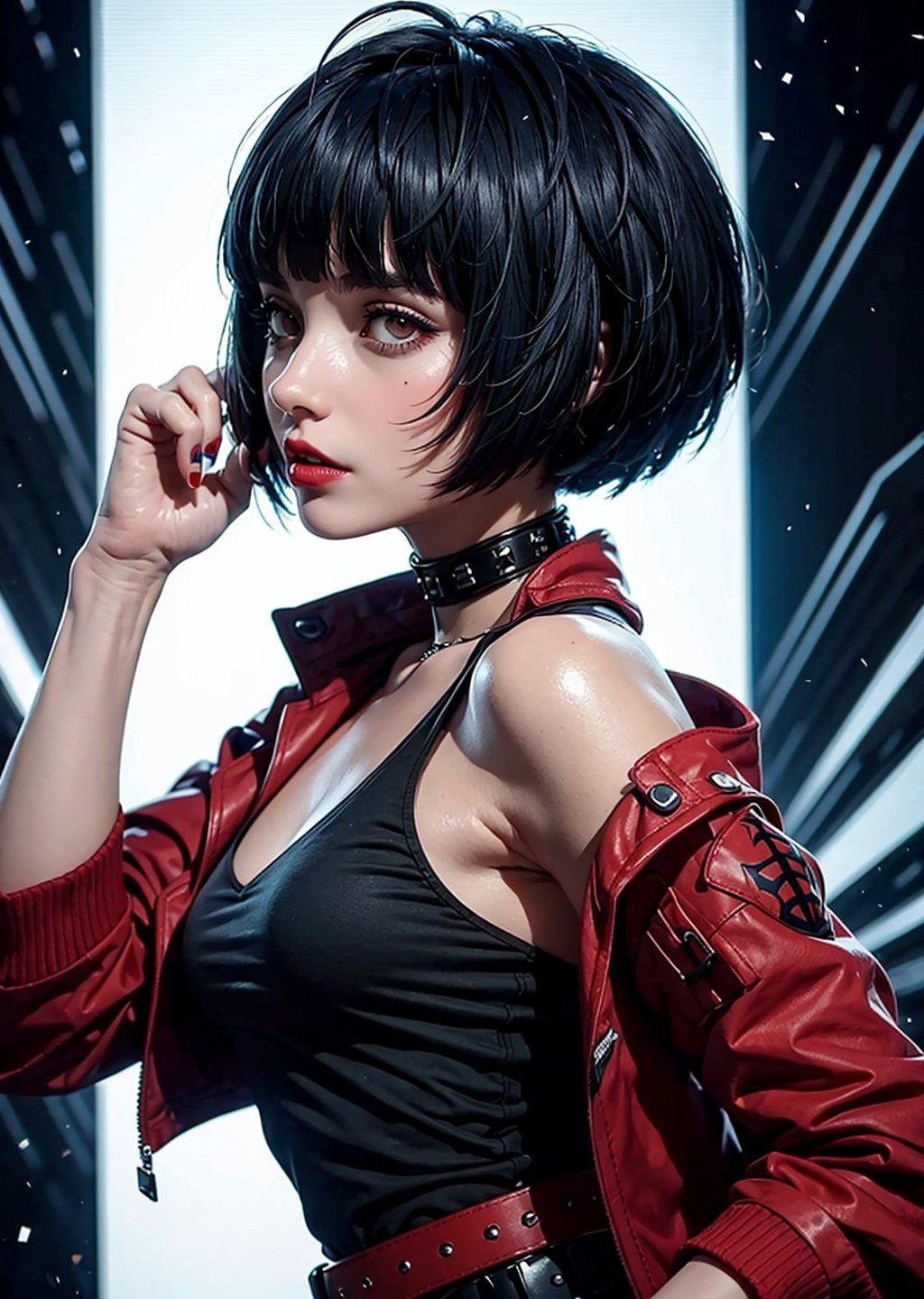 upper body, looking_at_viewer, from side, 1_girl, cyberpunk, shot, scene, Tae Takemi, Persona 5 game, blue dark hair, pink lips, punkrock clothes, neck bone, messy bob cut, blunt bangs, brown eyes, red nails, short blue dress with a white spiderweb design, black ripped leggings, short black jacket, red grommet belt, choker, midnight, clinic background, sexy pose, erotic pose, sweating