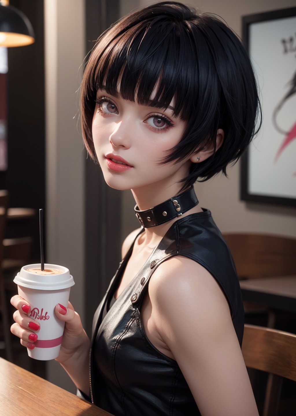 masterpiece, best quality, (detailed background), (beautiful detailed face, beautiful detailed eyes), absurdres, highres, ultra detailed, masterpiece, best quality, detailed eyes, 1_girl, Tae Takemi, Persona 5 game, blue dark hair, pink lips, punkrock clothes, neck bone, messy bob cut, blunt bangs, brown eyes, red nails polish, short blue dress, panty_hose, short black jacket, red grommet belt, choker, midnight, at a cafe background, model pose, mouth open, close-fitting clothing, pov_eye_contact, upper_body, happy_face, blushing