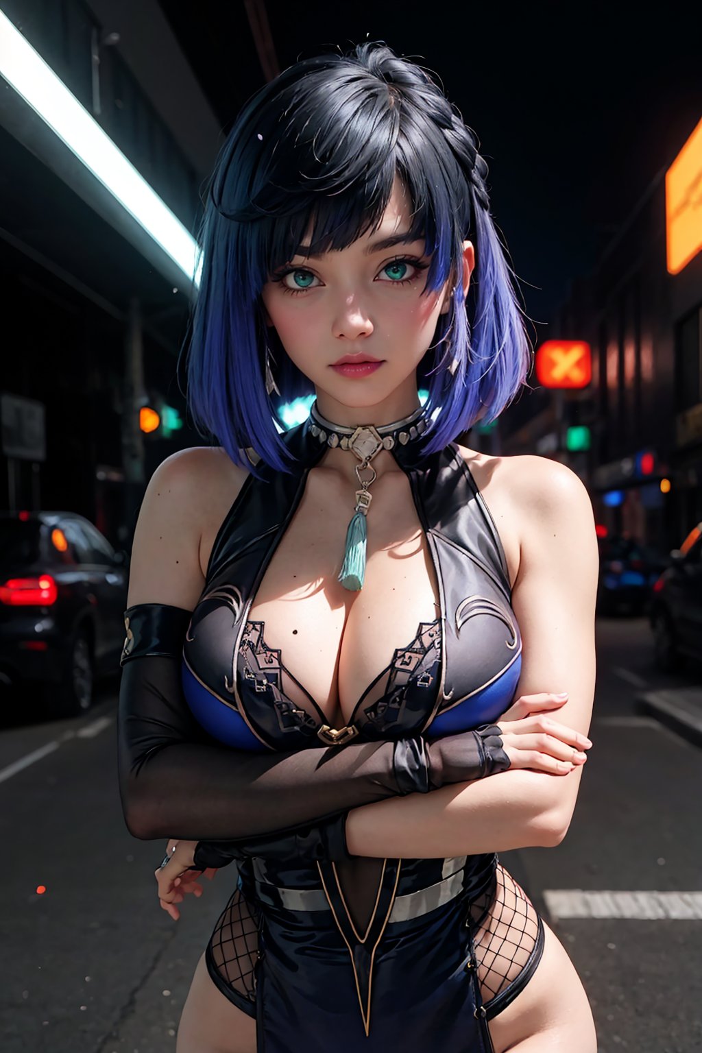 masterpiece, best quality, (detailed background), (beautiful detailed face, beautiful detailed eyes), absurdres, highres, ultra detailed, masterpiece, best quality, detailed eyes, frown, green_eyes, , green iris, blue hair, crossed_arms, folded arms, upper body, close-fitting clothing, neck bone, at the city , midnight, cyberpunk scene, neon lights, splashes, light particles, electric, dj theme, synthwave theme, (bokeh:1.1), depth of field ,guiltys,yelan_\(genshin_impact\), necklace dice on her chest, sleeveless dark outfit with with a white jacket hanging, heeled shoes, hydro vision hanging, body panty_hose, mole on boob, white fingerless gloves, marked v, marked abs