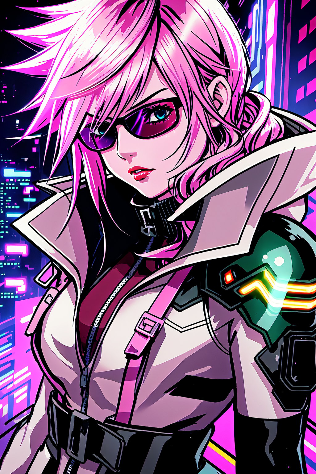 guiltys, stern, a girl, pixel glasses on, black dress, Clevage, upper body, dj theme, synthwave theme, (bokeh:1.1), depth of field, style of tetsuya nomura, tracers, vfx, splashes, lightning, light particles, electric, cyberpunk city background, Lightning, Final Fantasy game, Red lips, parted_lips, pink light hair, lightning farron, no glasses