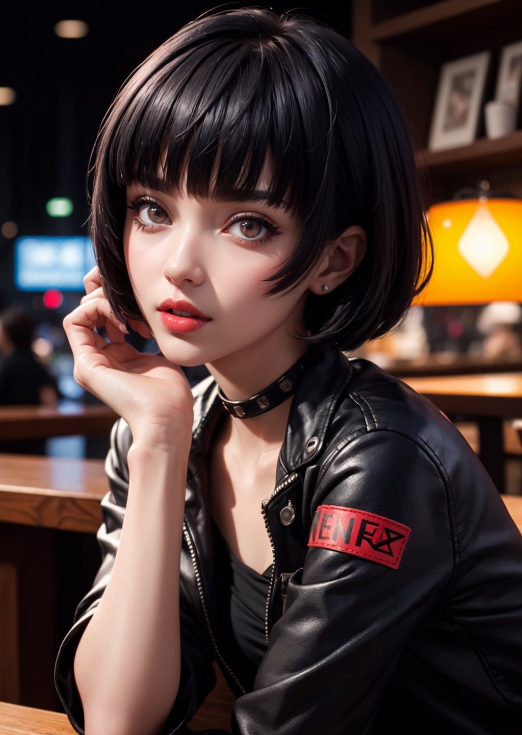 masterpiece, best quality, (detailed background), (beautiful detailed face, beautiful detailed eyes), absurdres, highres, ultra detailed, masterpiece, best quality, detailed eyes, 1_girl, cyberpunk scene, Tae Takemi, Persona 5 game, blue dark hair, pink lips, punkrock clothes, neck bone, messy bob cut, blunt bangs, brown eyes, red nails polish, short blue dress, black ripped pantyhose, short black jacket, red grommet belt, choker, midnight, at a cafe background, model pose, mouth open, close-fitting clothing, arms_folded, pov_eye_contact, upper_body