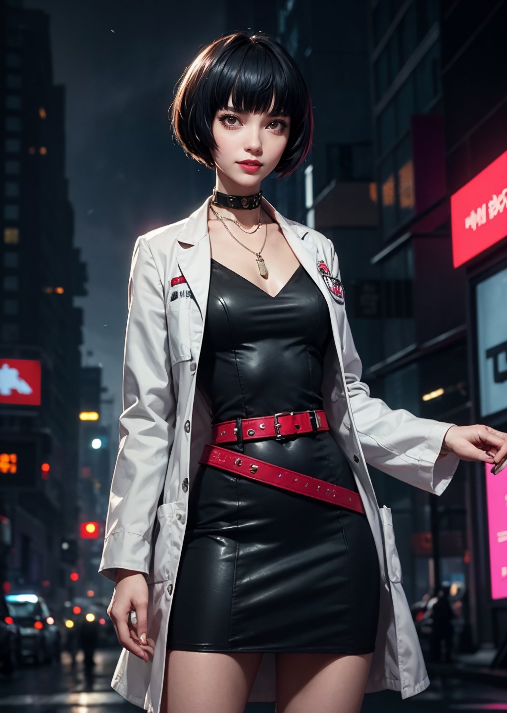 full-body_portrait, female, masterpiece, best quality, perfect anatomy, cyberpunk scene, Tae Takemi, Persona 5 game, blue dark hair, pink lips, neck bone, messy bob cut, midnight, city background, , necklace, choker, labcoat, black dress, belt, short dress, medium breasts, smile, cowboy shot