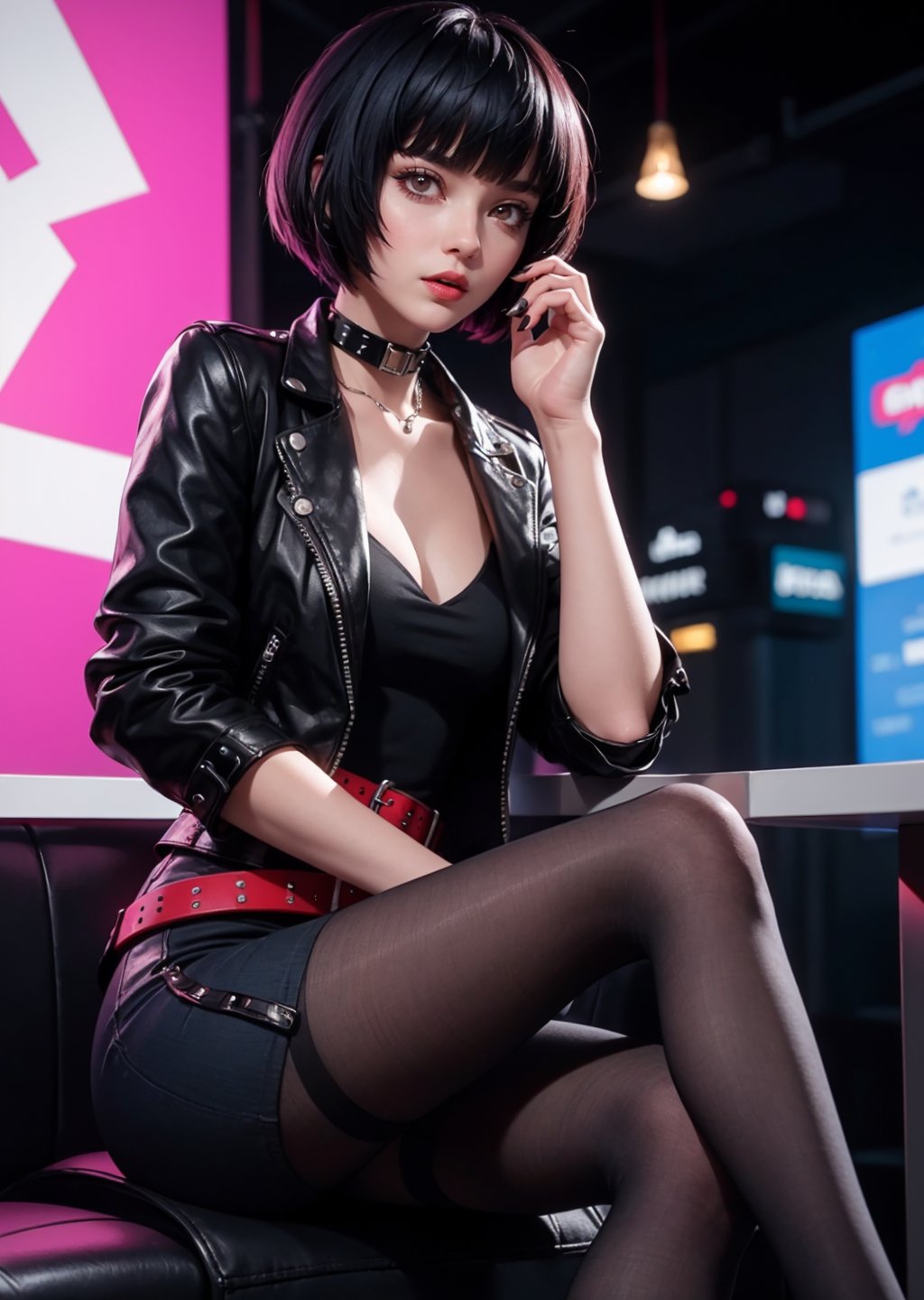 masterpiece, best quality, (detailed background), (beautiful detailed face, beautiful detailed eyes), absurdres, highres, ultra detailed, masterpiece, best quality, detailed eyes, 1_girl, cyberpunk scene, Tae Takemi, Persona 5 game, blue dark hair, pink lips, punkrock clothes, neck bone, messy bob cut, blunt bangs, brown eyes, red nails polish, short blue dress, black ripped pantyhose, short black jacket, red grommet belt, choker, midnight, at a cafe background, model pose, mouth open, close-fitting clothing, arms_folded, crossed_legs_(sitting), from_behind, pov_eye_contact