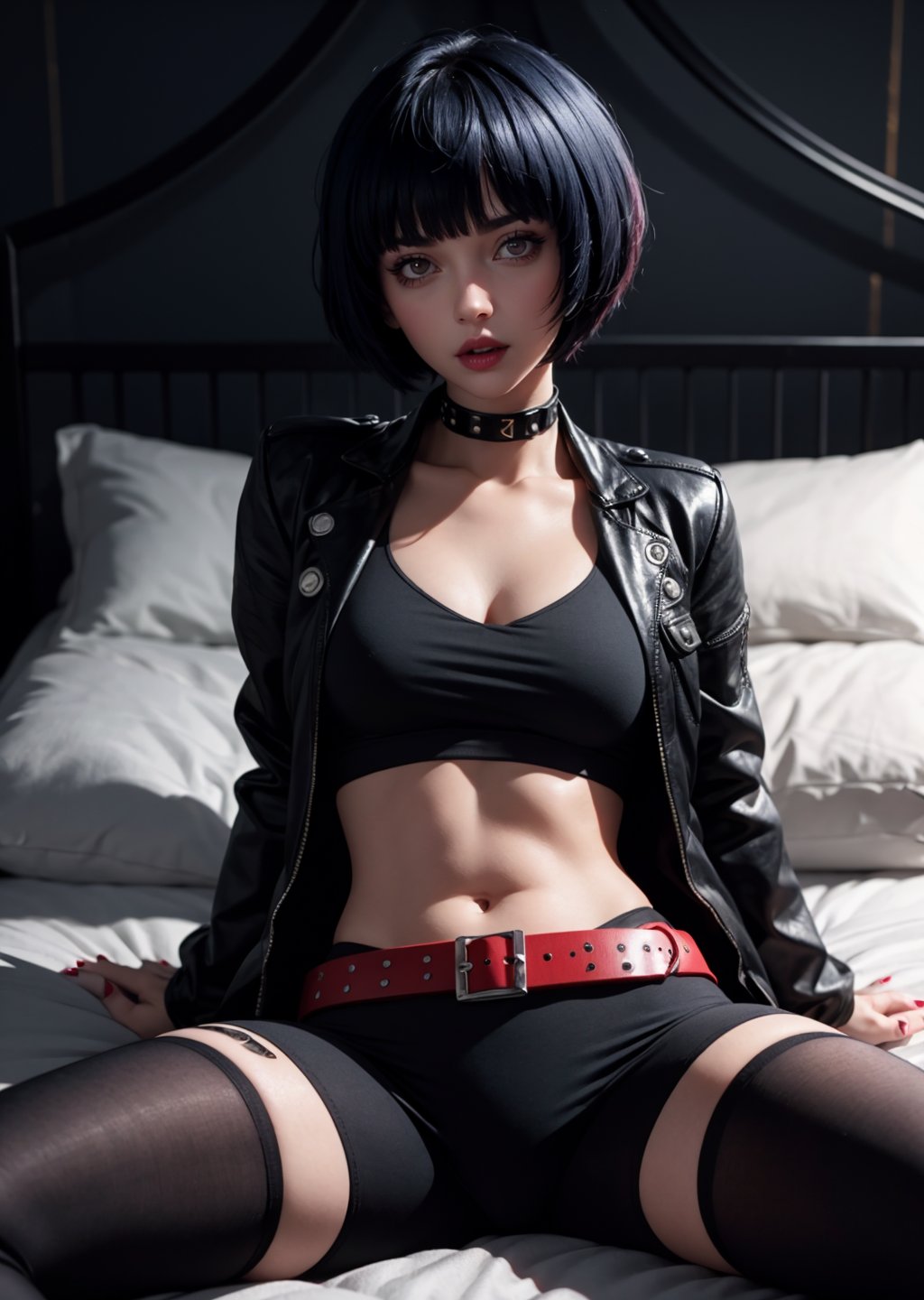 masterpiece, best quality, (detailed background), (beautiful detailed face, beautiful detailed eyes), absurdres, highres, ultra detailed, masterpiece, best quality, detailed eyes, full body, 1_girl, cyberpunk scene, Tae Takemi, Persona 5 game, blue dark hair, pink lips, punkrock clothes, neck bone, messy bob cut, blunt bangs, brown eyes, red nails polish, short blue dress, black ripped leggings, short black jacket, red grommet belt, choker, midnight, at a bedroom background, sexy pose, erotic pose, alluring pose, mouth open, kinky pose, close-fitting clothing, arms_folded, crossed_legs_(lying), stripping, laying_down, bend_over, bending_over