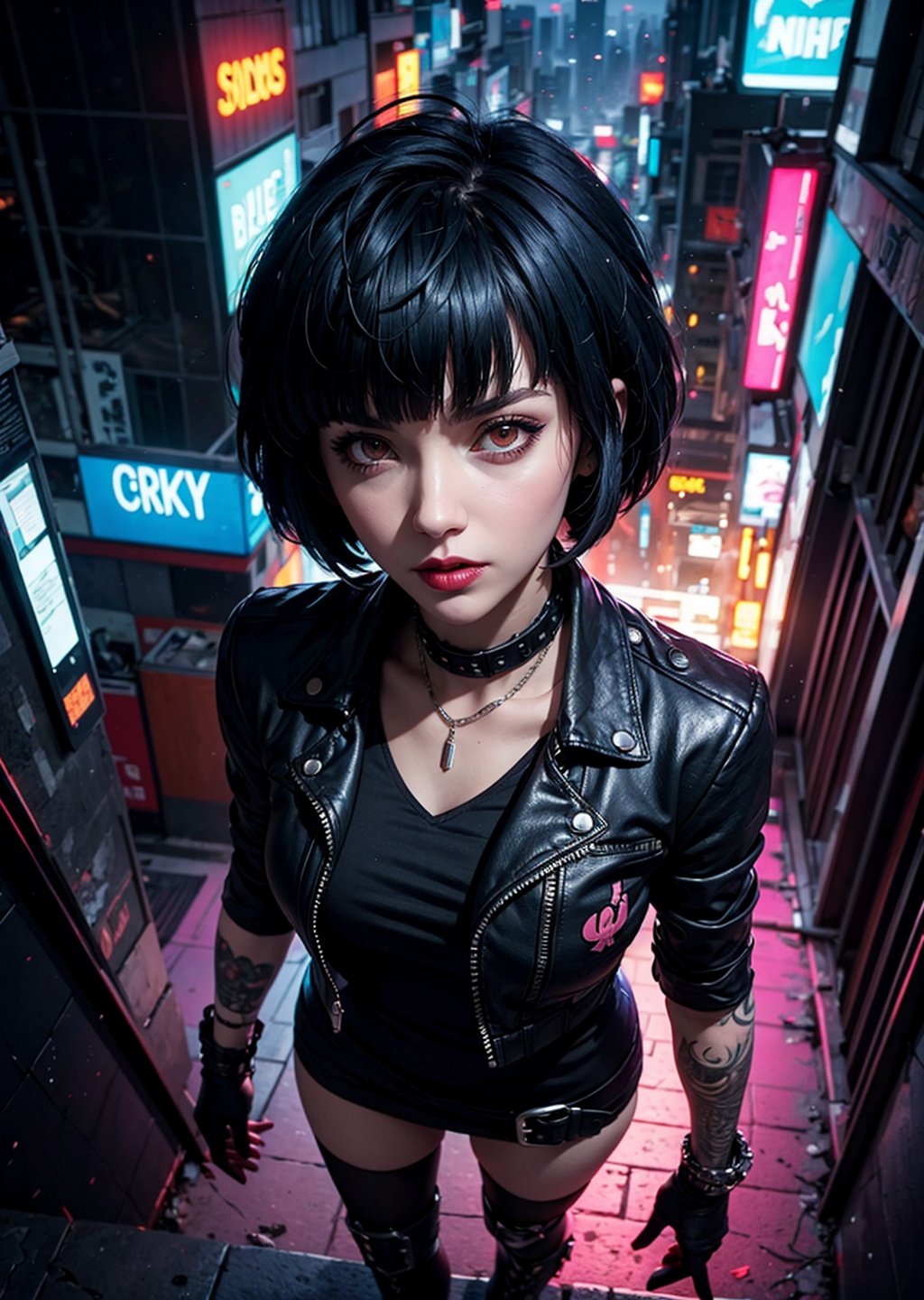 upper body shot,female, woman wearing casual punkrock clothes ,cyberpunk scene, Tae Takemi, Persona 5 game, blue dark hair, pink lips, punkrock clothes, spider thights, black punk boots, doctor garb, neck bone, messy bob cut, midnight, city background