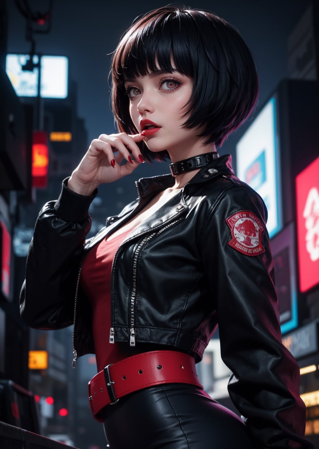 masterpiece, best quality, (detailed background), (beautiful detailed face, beautiful detailed eyes), absurdres, highres, ultra detailed, masterpiece, best quality, detailed eyes, upper body, 1_girl, cyberpunk scene, Tae Takemi, Persona 5 game, blue dark hair, pink lips, punkrock clothes, neck bone, messy bob cut, blunt bangs, brown eyes, red nails polish, short blue dress, black ripped leggings, short black jacket, red grommet belt, choker, midnight, city background, sexy pose, erotic pose, alluring pose, mouth open, kinky, close-fitting clothing, undressing, from side