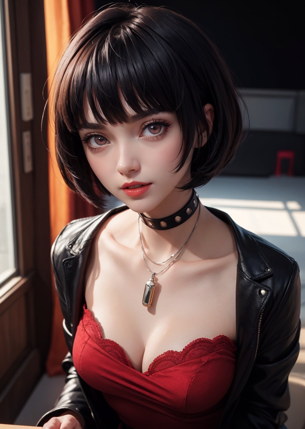 masterpiece, best quality, (detailed background), (beautiful detailed face, beautiful detailed eyes), absurdres, highres, ultra detailed, masterpiece, best quality, detailed eyes, 1_girl, Tae Takemi, Persona 5 game, blue dark hair, pink lips, neck bone, messy bob cut, blunt bangs, brown eyes, red nails polish, short blue dress, panty_hose, short black jacket, red grommet belt, choker, midnight, at theater, model pose, mouth open, close-fitting clothing, pov_eye_contact, upper_body, happy_face, blushing, cleavage