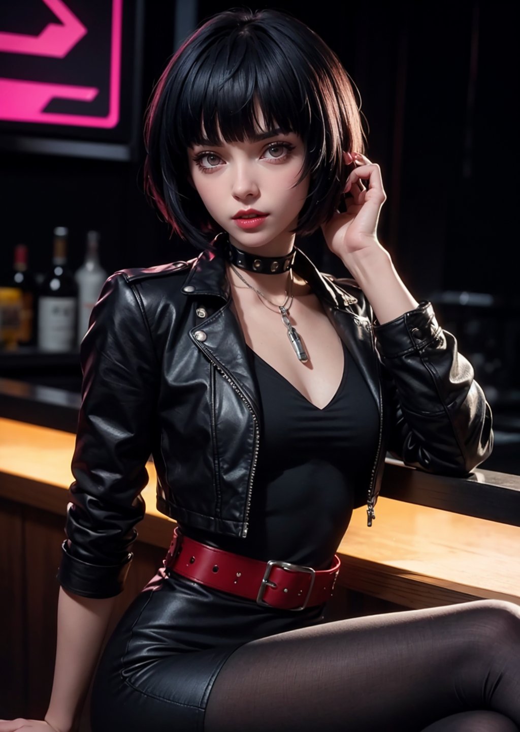 masterpiece, best quality, (detailed background), (beautiful detailed face, beautiful detailed eyes), absurdres, highres, ultra detailed, masterpiece, best quality, detailed eyes, upper body, 1_girl, cyberpunk scene, Tae Takemi, Persona 5 game, blue dark hair, pink lips, punkrock clothes, neck bone, messy bob cut, blunt bangs, brown eyes, red nails polish, short blue dress, black ripped leggings, short black jacket, red grommet belt, choker, midnight, at a bar background, sexy pose, erotic pose, alluring pose, mouth open, kinky, close-fitting clothing, undressing, arms_crossed, arms_folded, crossed_legs_(sitting)