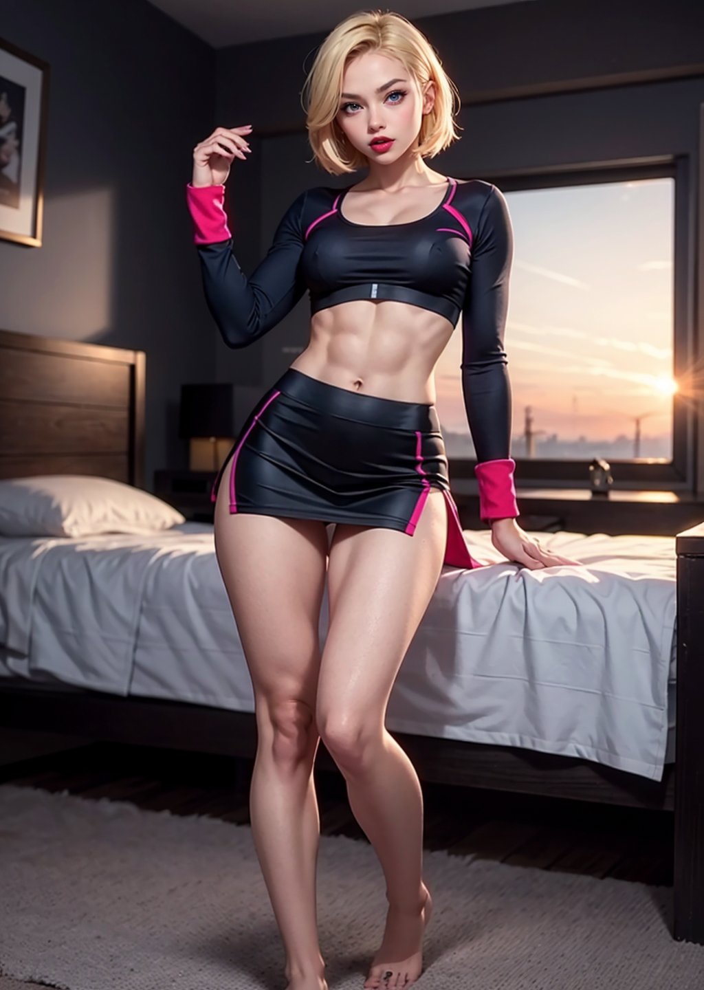 max quality, full body shot,female, woman, sunset, sport bra, black short skirt, bare_foot, blonde hair, multicolored hair black, pink lips, black Thights, neck bone, medium long haircut, midnight, at a bedroom background, multicolored eyes, red and blue eyes, parted lips, serious, looking_at_viewer, full body shot, alluring, sexy pose, defTifa, cammy sf6, abs, no_sleeves, erotic pose, see-through clothes, blushing, open legs, sticking_out_tongue