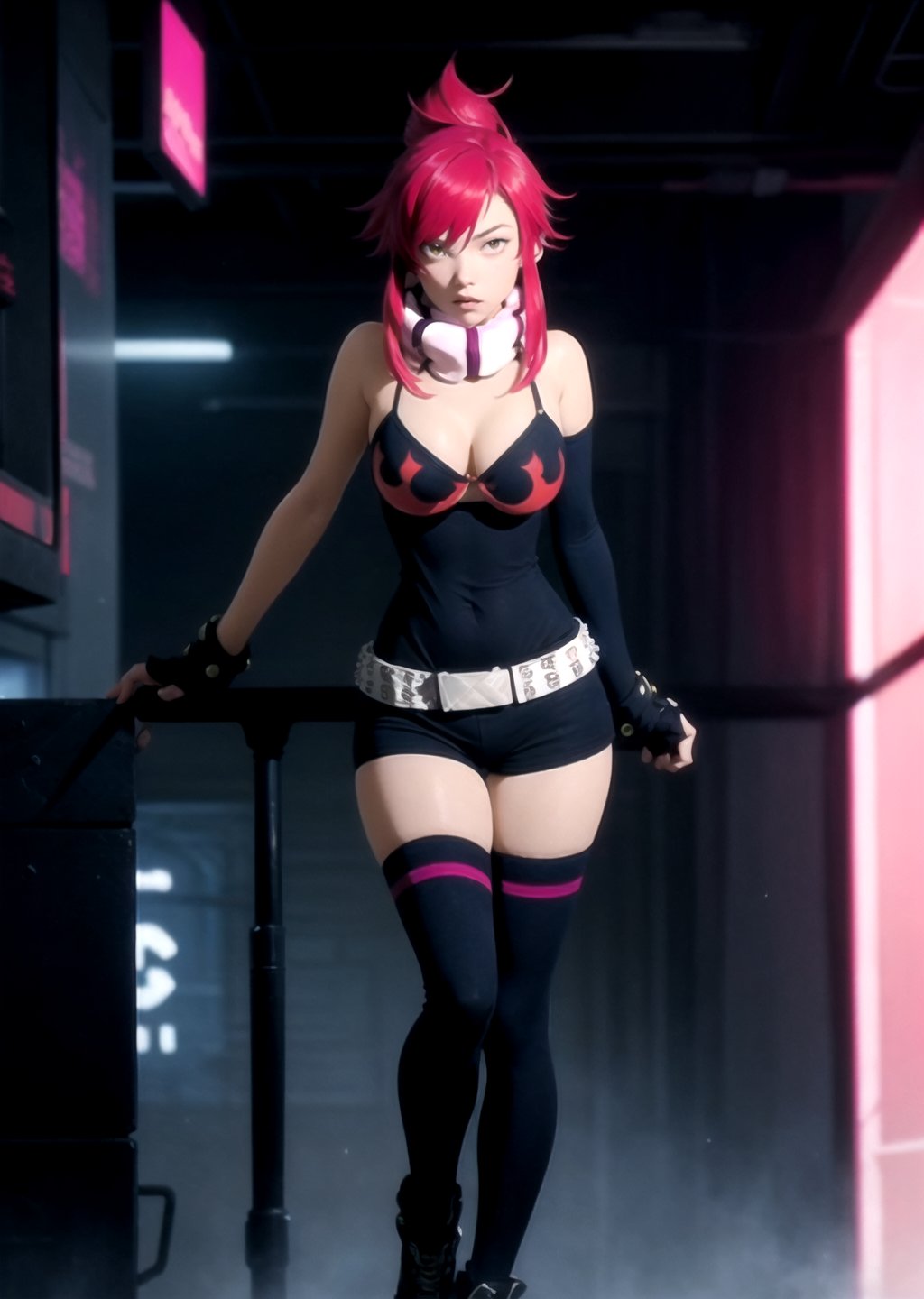 full body shot,female, woman, 20 year old woman, cyberpunk scene, blue light hair, Multi colored hair, pink_hair, red hair, pink lips, neck bone, messy haircut, midnight, at a secret hideout , SINON1,shionne1, erotic pose, alluring, sexy pose, maximum quality, perfect skin, no_sleeves, black shorts, dress, cleavage, fingerless gloves, scarf, kissy lips, hand armor, white dress,Yoko Littner, lighting effect, pony tail, black long thights