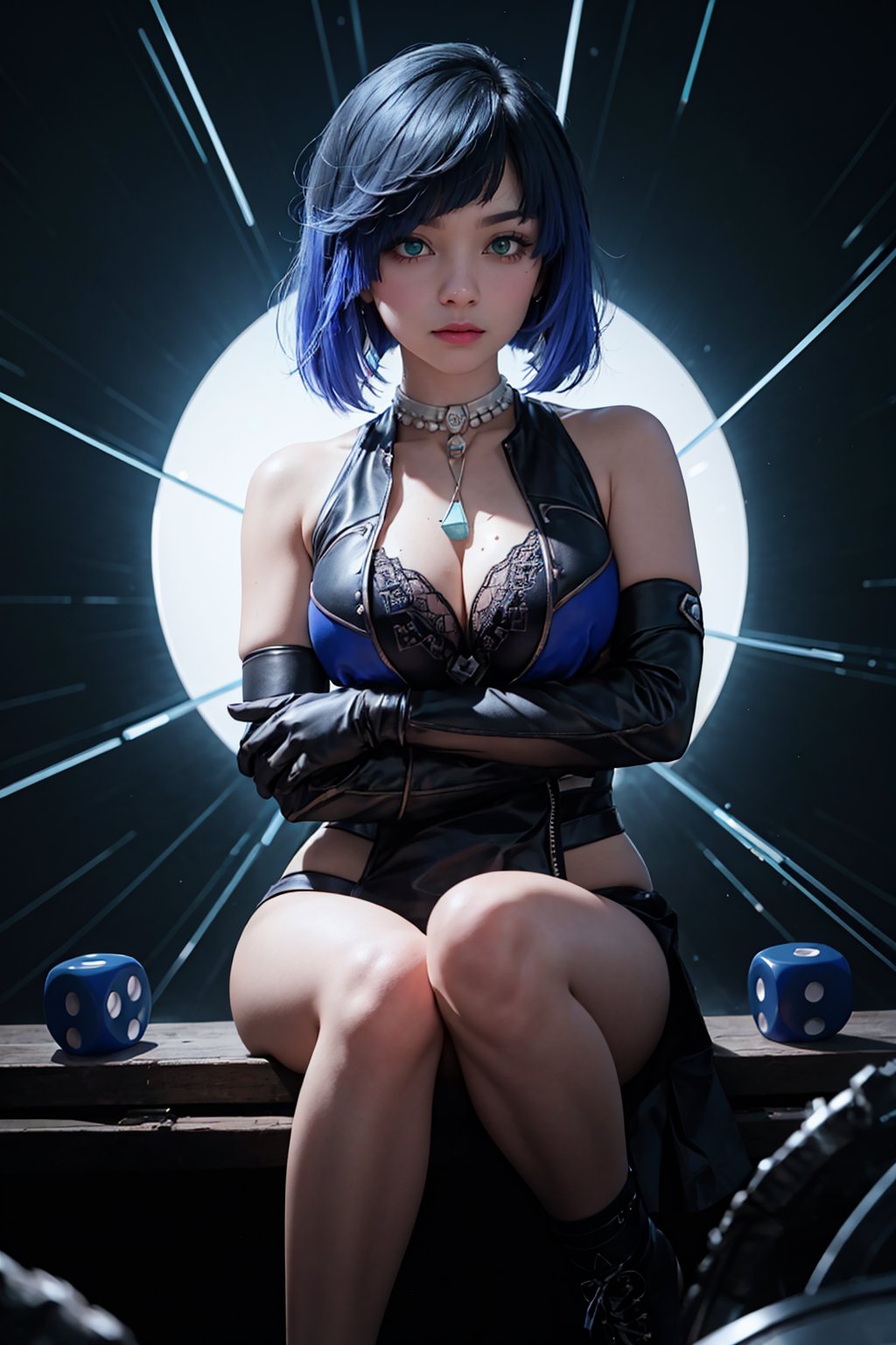 masterpiece, best quality, (detailed background), (beautiful detailed face, beautiful detailed eyes), absurdres, highres, ultra detailed, masterpiece, best quality, detailed eyes, frown, green_eyes, , green iris, blue hair, crossed_arms, folded arms, upper body, close-fitting clothing, neck bone, at the city , midnight, cyberpunk scene, neon lights, splashes, light particles, electric, dj theme, synthwave theme, (bokeh:1.1), depth of field ,guiltys,yelan_\(genshin_impact\), necklace dice on her chest, sleeveless dark outfit with with a white jacket hanging, heeled shoes, hydro vision hanging, body panty_hose, mole on boob, white fingerless gloves