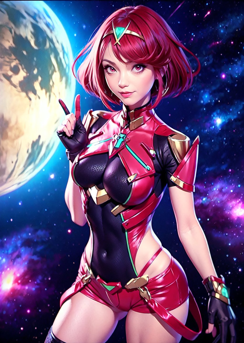 upper body shot,female, woman, cyberpunk scene, Pyra, From Xenoblade Chronicles, armor, bangs, black gloves, breasts, red eyes, closed mouth, earrings, eyelashes, fingerless gloves, floating hair, framed breasts, gem, gloves, hair ornament, headpiece, jewelry, large breasts, leaning back, leotard, neon trim, official art, pose, red hair, red shorts, saitou masatsugu, short hair, short sleeves, shorts, sidelocks, skin tight, solo, standing, swept bangs, thighhighs, tiara, space background, parted lips, smirk, looking_at_viewer, full body shot, alluring, sexy pose, erotic pose, pyra \(xenoblade\)