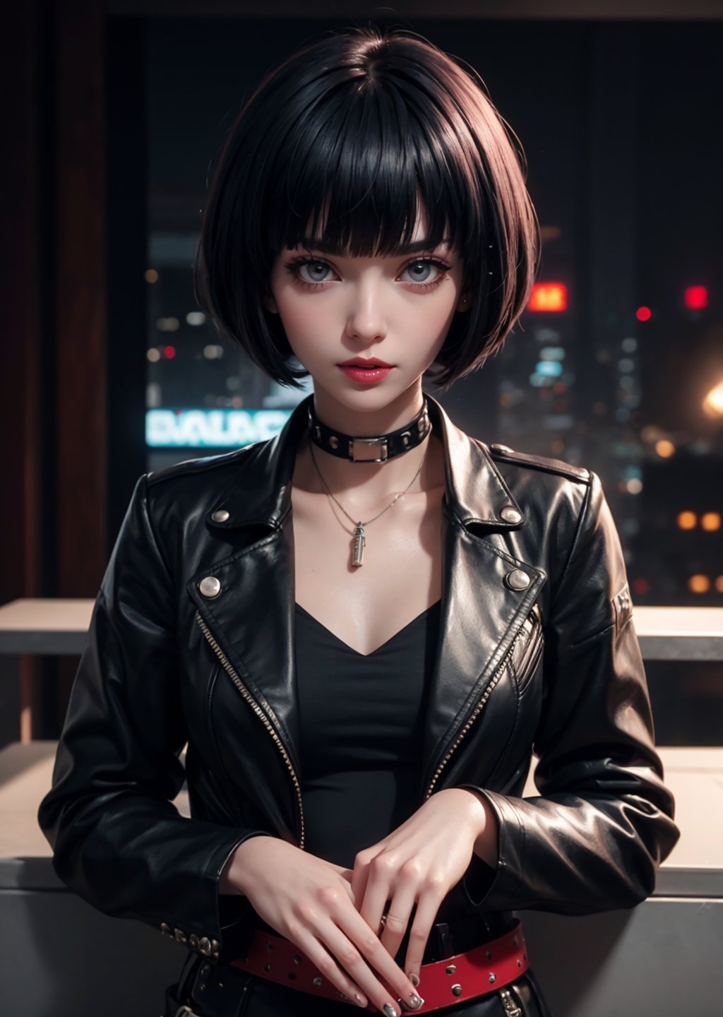 masterpiece, best quality, (detailed background), (beautiful detailed face, beautiful detailed eyes), absurdres, highres, ultra detailed, masterpiece, best quality, detailed eyes, 1_girl, cyberpunk scene, Tae Takemi, Persona 5 game, blue dark hair, pink lips, punkrock clothes, neck bone, messy bob cut, blunt bangs, brown eyes, red nails polish, short blue dress, black ripped pantyhose, short black jacket, red grommet belt, choker, midnight, at a cafe background, model pose, mouth open, close-fitting clothing, pov_eye_contact, upper_body, happy_face, blushing