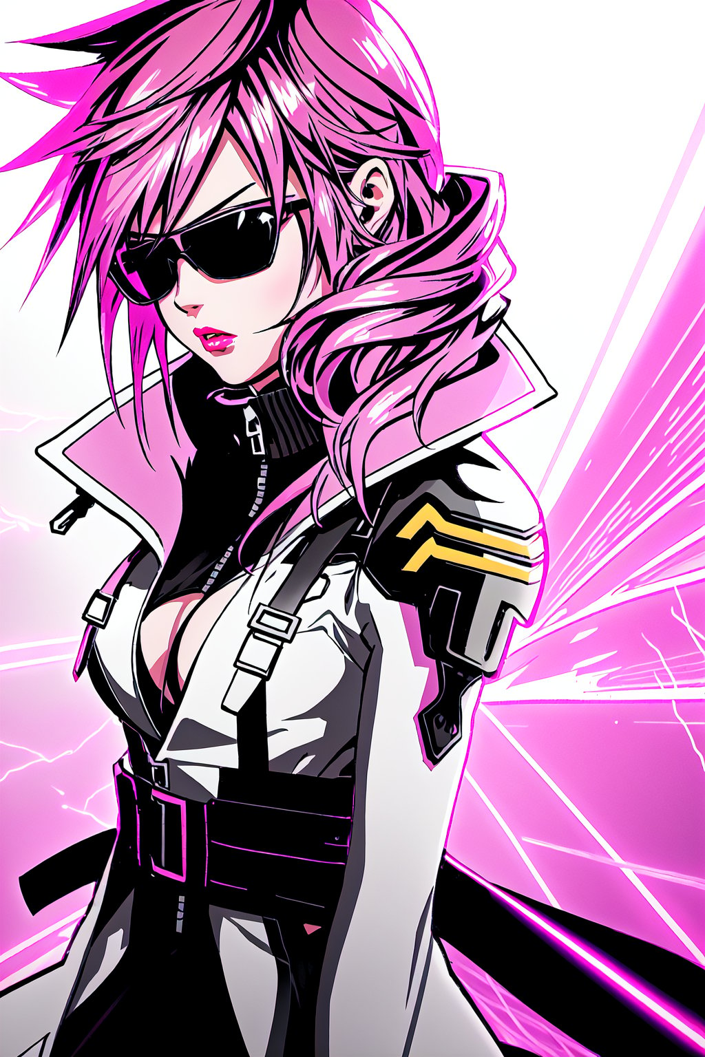 guiltys, stern, a girl, pixel glasses on, black dress, Clevage, upper body, dj theme, synthwave theme, (bokeh:1.1), depth of field, style of tetsuya nomura, tracers, vfx, splashes, lightning, light particles, electric, white background, Lightning, Final Fantasy game, Red lips, parted_lips, pink light hair ,lightning farron