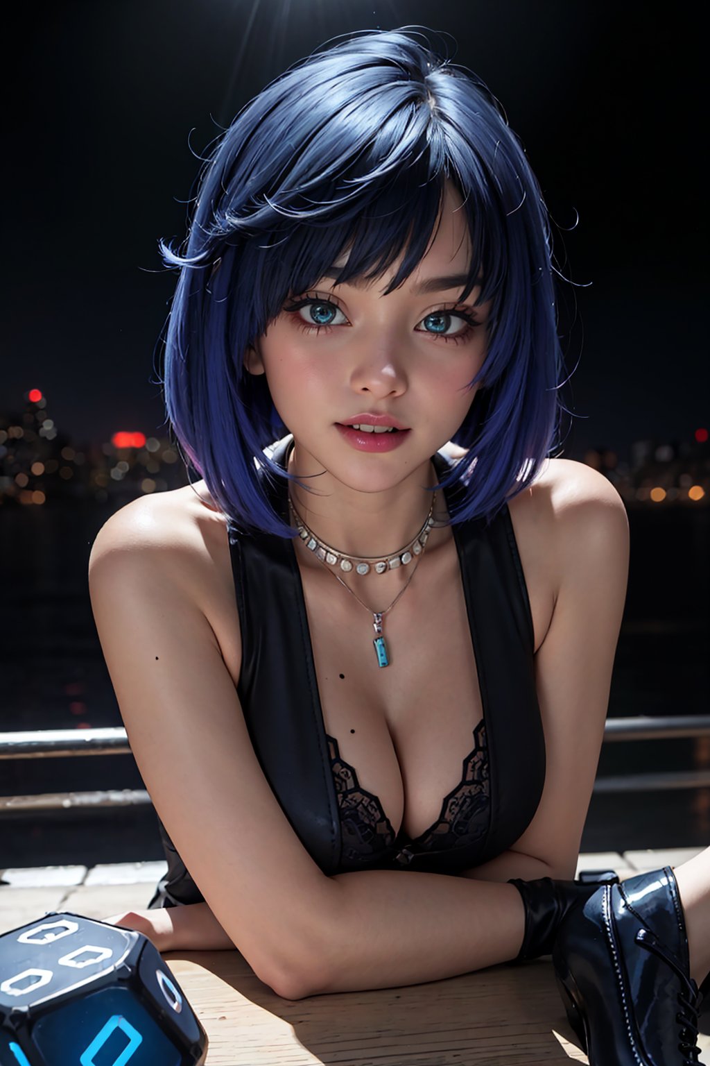 masterpiece, best quality, (detailed background), (beautiful detailed face, beautiful detailed eyes), absurdres, highres, ultra detailed, masterpiece, best quality, detailed eyes, green-eyes, , green iris, blue hair, upper body, close-fitting clothing, neck bone, at the city , midnight, cyberpunk scene, neon lights, splashes, light particles, electric, dj theme, synthwave theme, (bokeh:1.1), depth of field, yelan_\(genshin_impact\), short blue hair, Asymmetrical bob with asymmetrical bangs, necklace dice on her chest, sleeveless dark outfit with with a white jacket hanging, heeled shoes, hydro vision hanging, panty_hose, mole on boob, white fingerless gloves, marked v, marked abs, showing_armpits, smile, open mouth, lying_down, yelandef