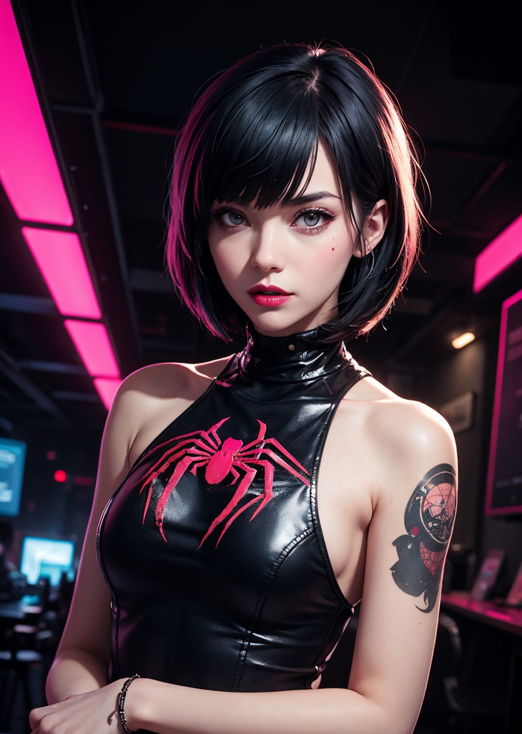 upper body shot,female, woman wearing casual punkrock clothes, (spider thights:1.1) ,cyberpunk scene, Tae Takemi, Persona 5 game, blue dark hair, pink lips, punkrock clothes, spider thights, black punk boots, doctor garb, neck bone, messy bob cut