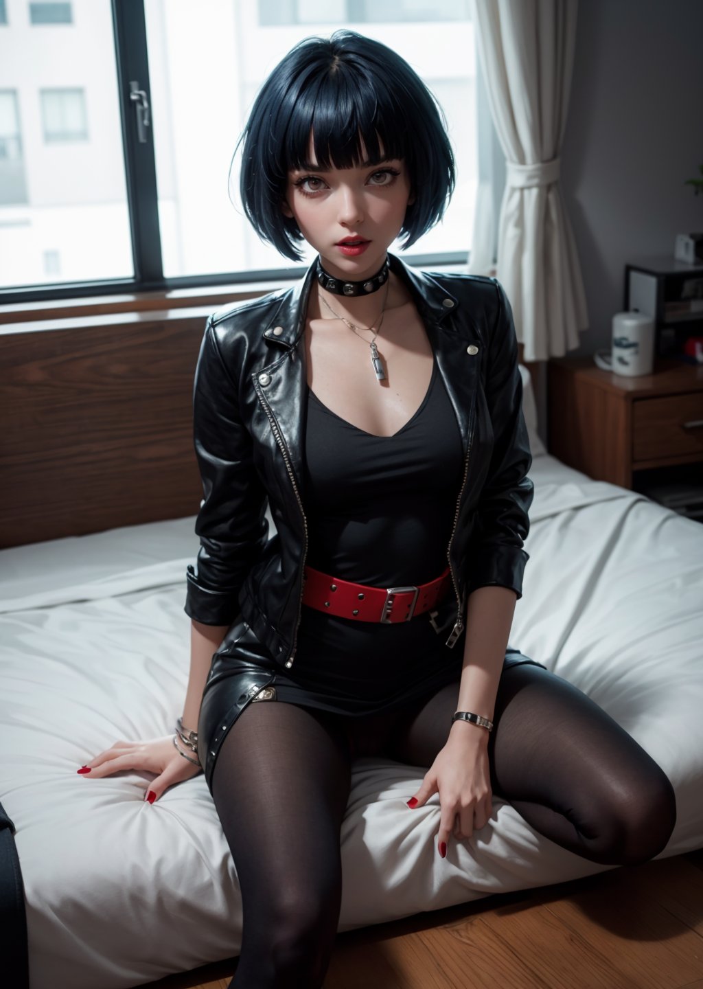 masterpiece, best quality, (detailed background), (beautiful detailed face, beautiful detailed eyes), absurdres, highres, ultra detailed, masterpiece, best quality, detailed eyes, full body, 1_girl, cyberpunk scene, Tae Takemi, Persona 5 game, blue dark hair, pink lips, punkrock clothes, neck bone, messy bob cut, blunt bangs, brown eyes, red nails polish, short blue dress, black ripped leggings, short black jacket, red grommet belt, choker, midnight, at a bedroom background, sexy pose, erotic pose, alluring pose, mouth open, kinky pose, close-fitting clothing, undressing, arms_crossed, arms_folded, crossed_legs_(sitting),  stripping, laying_down, bend_over