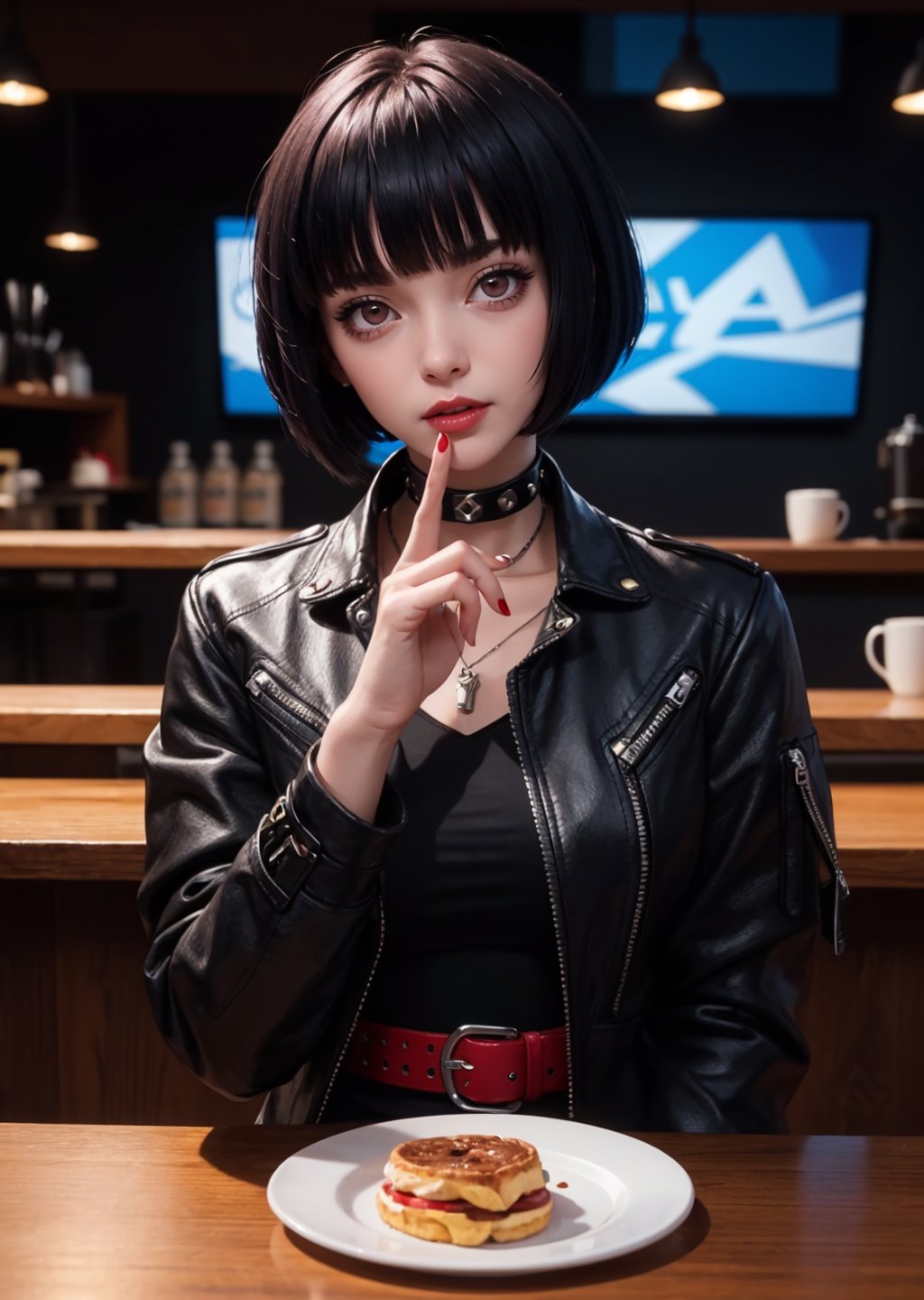 masterpiece, best quality, (detailed background), (beautiful detailed face, beautiful detailed eyes), absurdres, highres, ultra detailed, masterpiece, best quality, detailed eyes, 1_girl, cyberpunk scene, Tae Takemi, Persona 5 game, blue dark hair, pink lips, punkrock clothes, neck bone, messy bob cut, blunt bangs, brown eyes, red nails polish, short blue dress, black ripped pantyhose, short black jacket, red grommet belt, choker, midnight, at a cafe background, model pose, mouth open, close-fitting clothing, arms_folded, pov_eye_contact, upper_body, happy_face