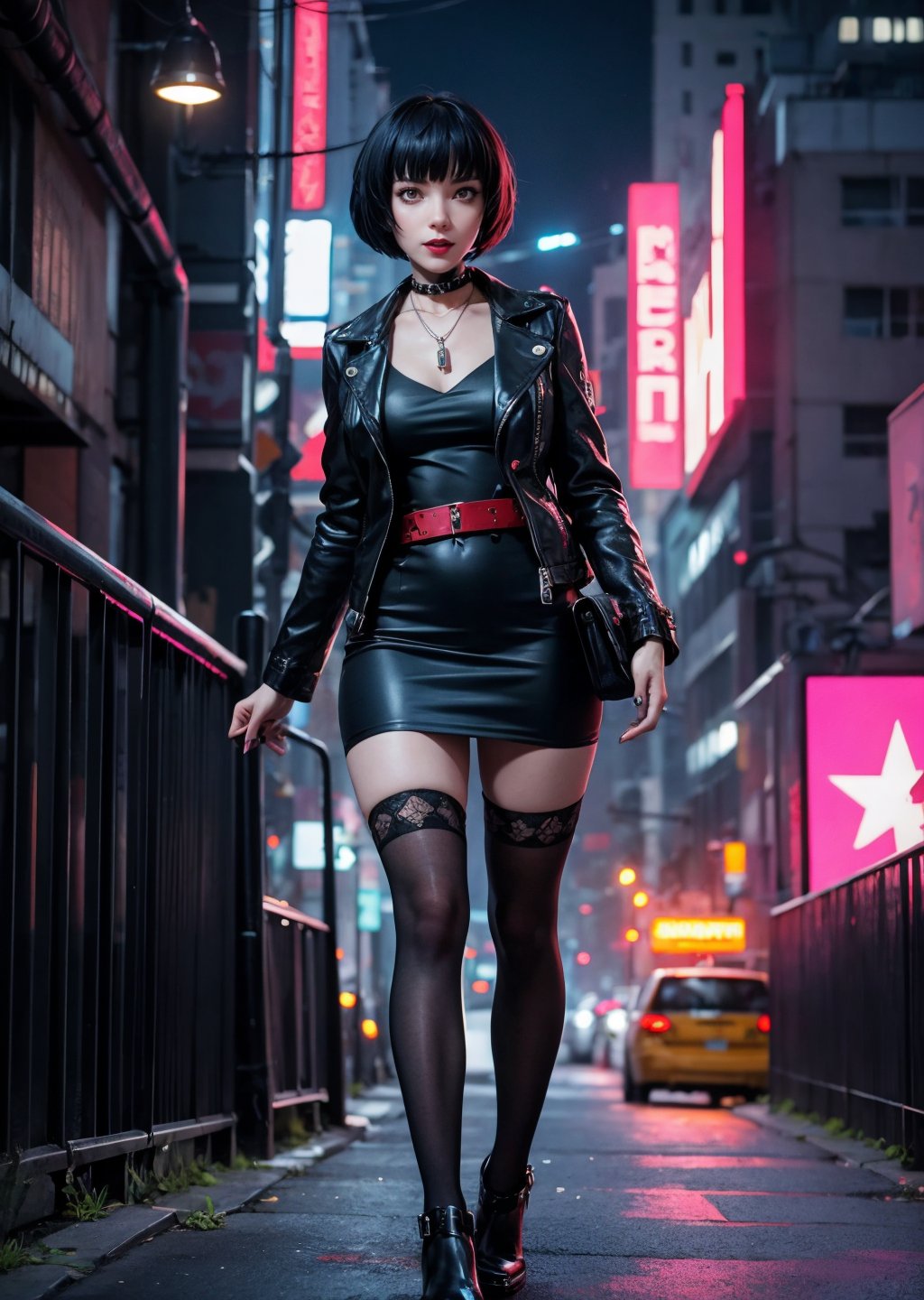 full-body_portrait, female, masterpiece, best quality, perfect anatomy, cyberpunk scene, Tae Takemi, Persona 5 game, blue dark hair, pink lips, neck bone, messy bob cut, midnight, city background, , necklace, choker, leather jacket, black dress, belt, short dress, medium breasts, smile, cowboy shot, punk makeup, alluring pose, ripped black tights