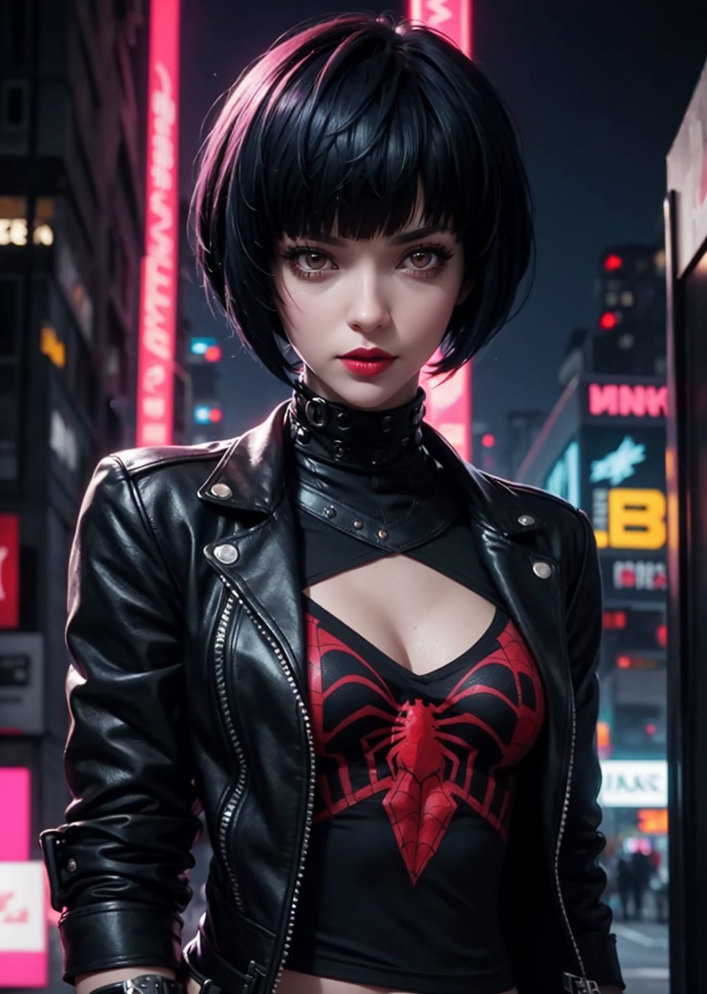 upper body perfect body, maximum quality, shot, 1_girl, woman wearing casual punkrock clothes ,cyberpunk scene, Tae Takemi, Persona 5 game, blue dark hair, pink lips, punkrock clothes, spider thights, black punk boots, doctor garb, neck bone, messy bob cut, midnight, city background