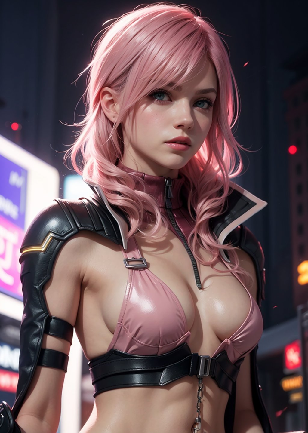 Master Piece, Best quality, upper body shot,female, woman, clothes ,cyberpunk scene, Lightning, Final Fantasy 13 game, Light pink hair, pink lips,, neck bone, midnight, city background, small breast, upper_body,lightning farron