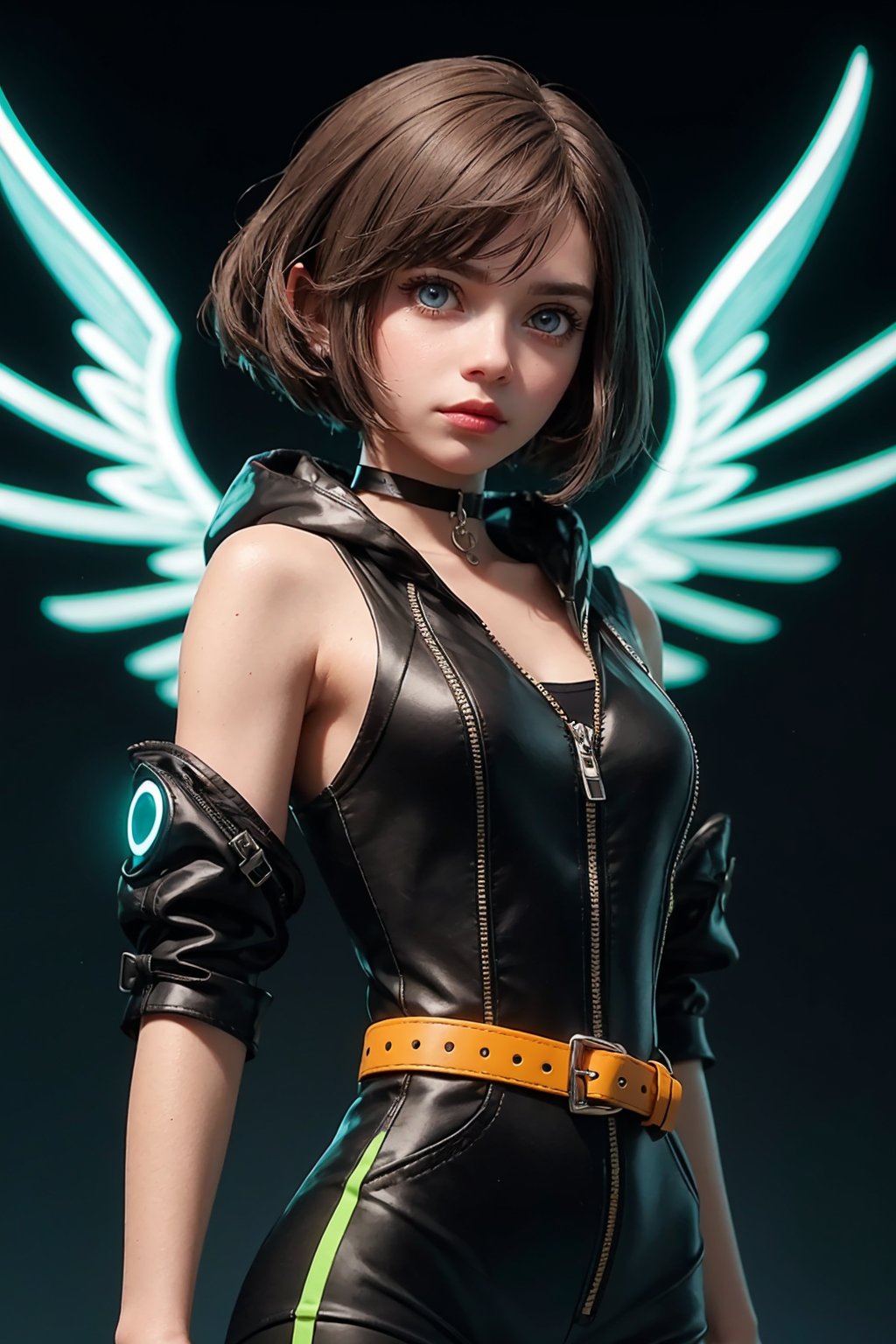 masterpiece, best quality, (detailed background), (beautiful detailed face, beautiful detailed eyes), absurdres, highres, ultra detailed, masterpiece, best quality, detailed eyes, frown, Eunie, From Xenoblade Chronicles 3 game, blue_eyes, brown hair, little white wings atop her head, shoulder-length light brown hair,  sleeveless skintight jumpsuit, a black hooded jacket with yellow-green accents, black sneakers with the same green accents, belt, black choker, uper body, close-fitting clothing, neck bone, at the city, midnight, cyberpunk scene, neon lights, synthwave theme, (bokeh:1.1), depth of field