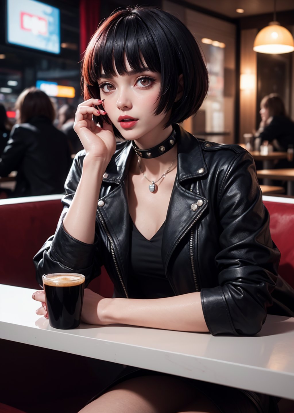 masterpiece, best quality, (detailed background), (beautiful detailed face, beautiful detailed eyes), absurdres, highres, ultra detailed, masterpiece, best quality, detailed eyes, 1_girl, cyberpunk scene, Tae Takemi, Persona 5 game, blue dark hair, pink lips, punkrock clothes, neck bone, messy bob cut, blunt bangs, brown eyes, red nails polish, short blue dress, black ripped pantyhose, short black jacket, red grommet belt, choker, midnight, at a cafe background, model pose, mouth open, close-fitting clothing, pov_eye_contact, upper_body, happy_face, blushing