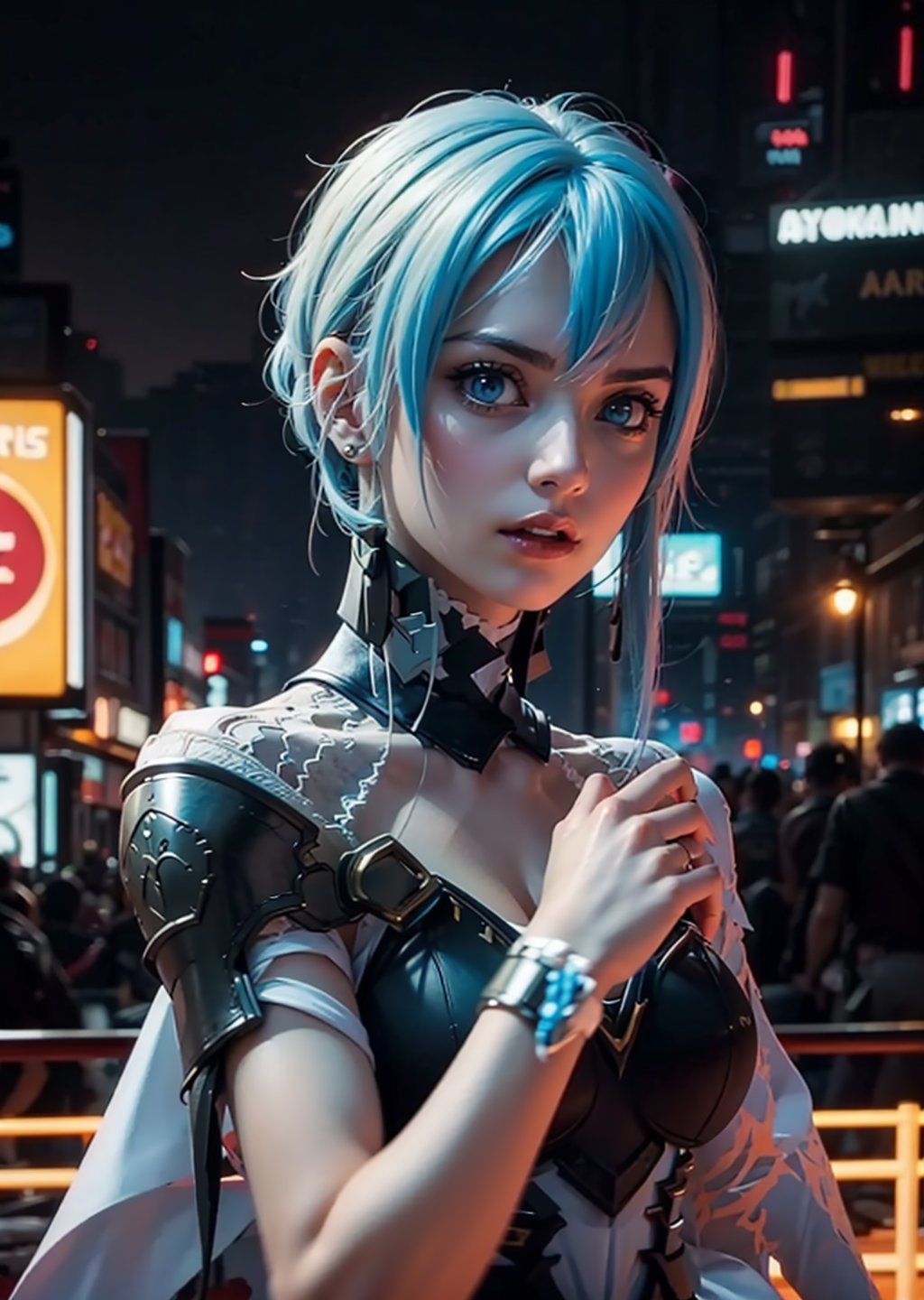 upper body shot,female, woman, 20 year old woman, cyberpunk scene, blue light hair, Multicolored hair pink, pink lips, neck bone, messy haircut, midnight, city background,SINON1,shionne1, erotic pose, alluring, sexy, maximum quality, perfect skin, no_sleeves, black shorts, dress, armor, cleavage