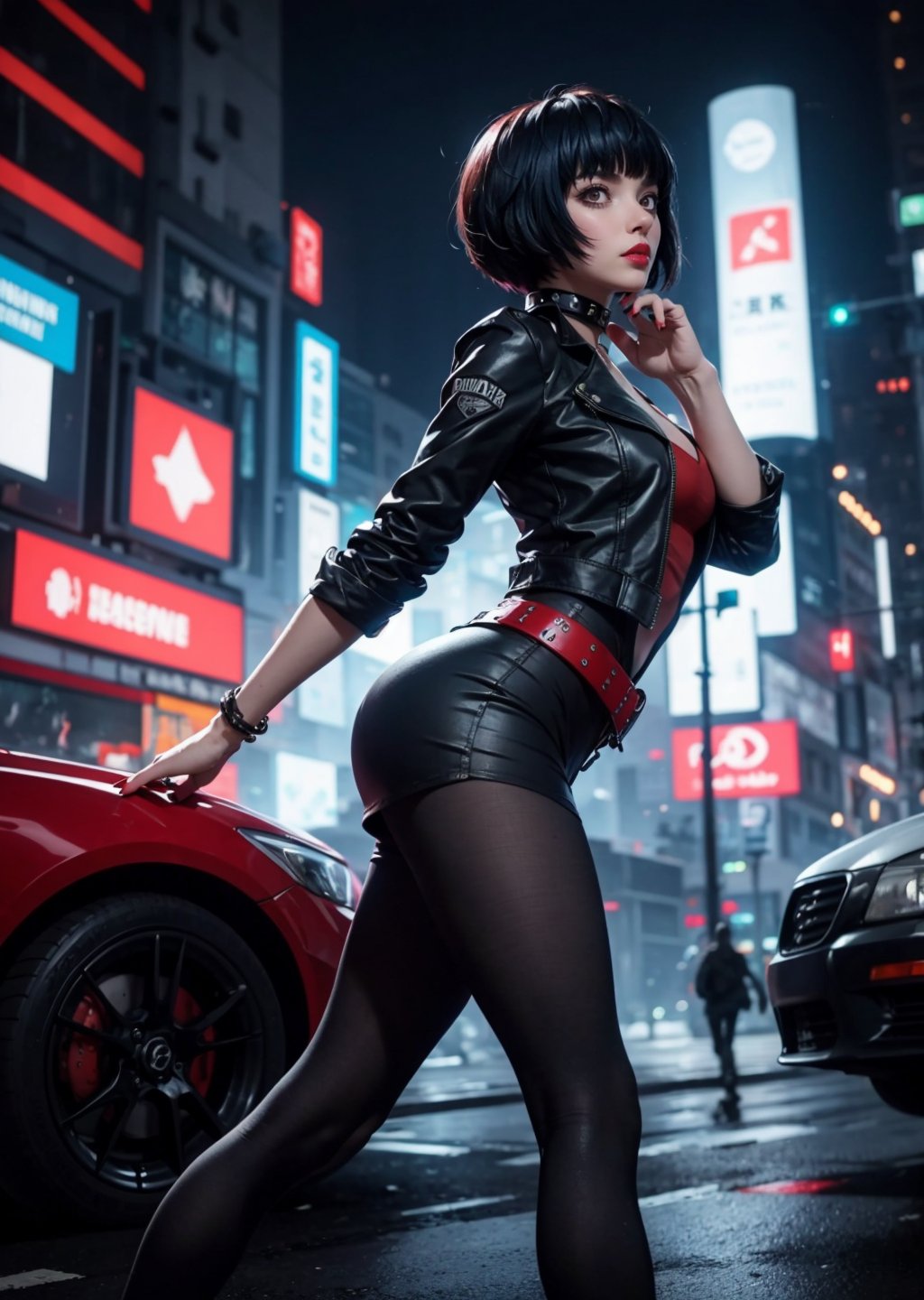full body, from side, perfect body, maximum quality, shot, 1_girl, cyberpunk scene, Tae Takemi, Persona 5 game, blue dark hair, pink lips, punkrock clothes, neck bone, messy bob cut, blunt bangs, brown eyes, red nails polish, short blue dress with a white spiderweb design, black ripped leggings, short black jacket, red grommet belt, choker, midnight, city background, sexy pose, erotic pose, sweating