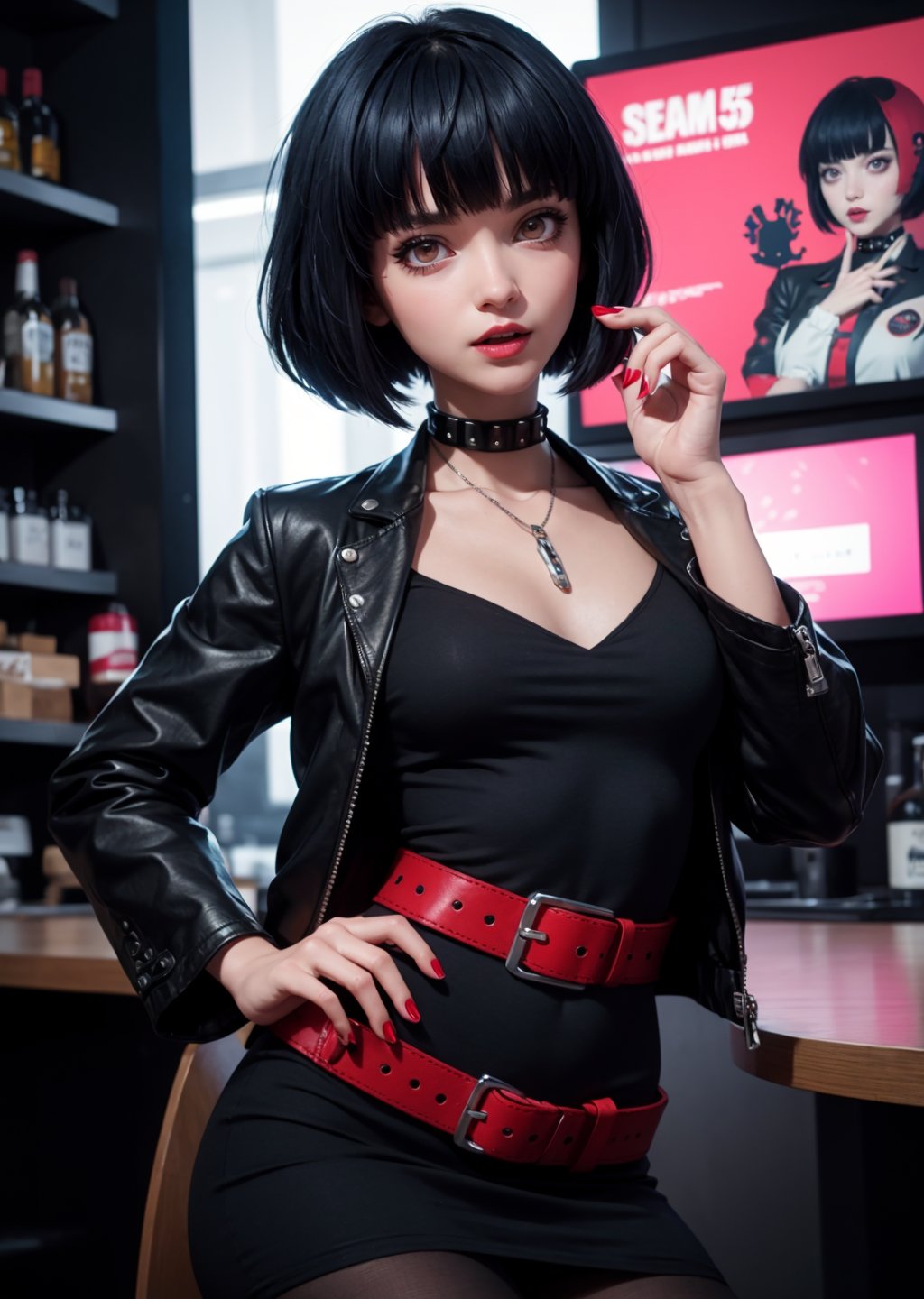 masterpiece, best quality, (detailed background), (beautiful detailed face, beautiful detailed eyes), absurdres, highres, ultra detailed, masterpiece, best quality, detailed eyes, 1_girl, cyberpunk scene, Tae Takemi, Persona 5 game, blue dark hair, pink lips, punkrock clothes, neck bone, messy bob cut, blunt bangs, brown eyes, red nails polish, short blue dress, black ripped pantyhose, short black jacket, red grommet belt, choker, midnight, at a cafe background, model pose, mouth open, close-fitting clothing, pov_eye_contact, upper_body, happy_face