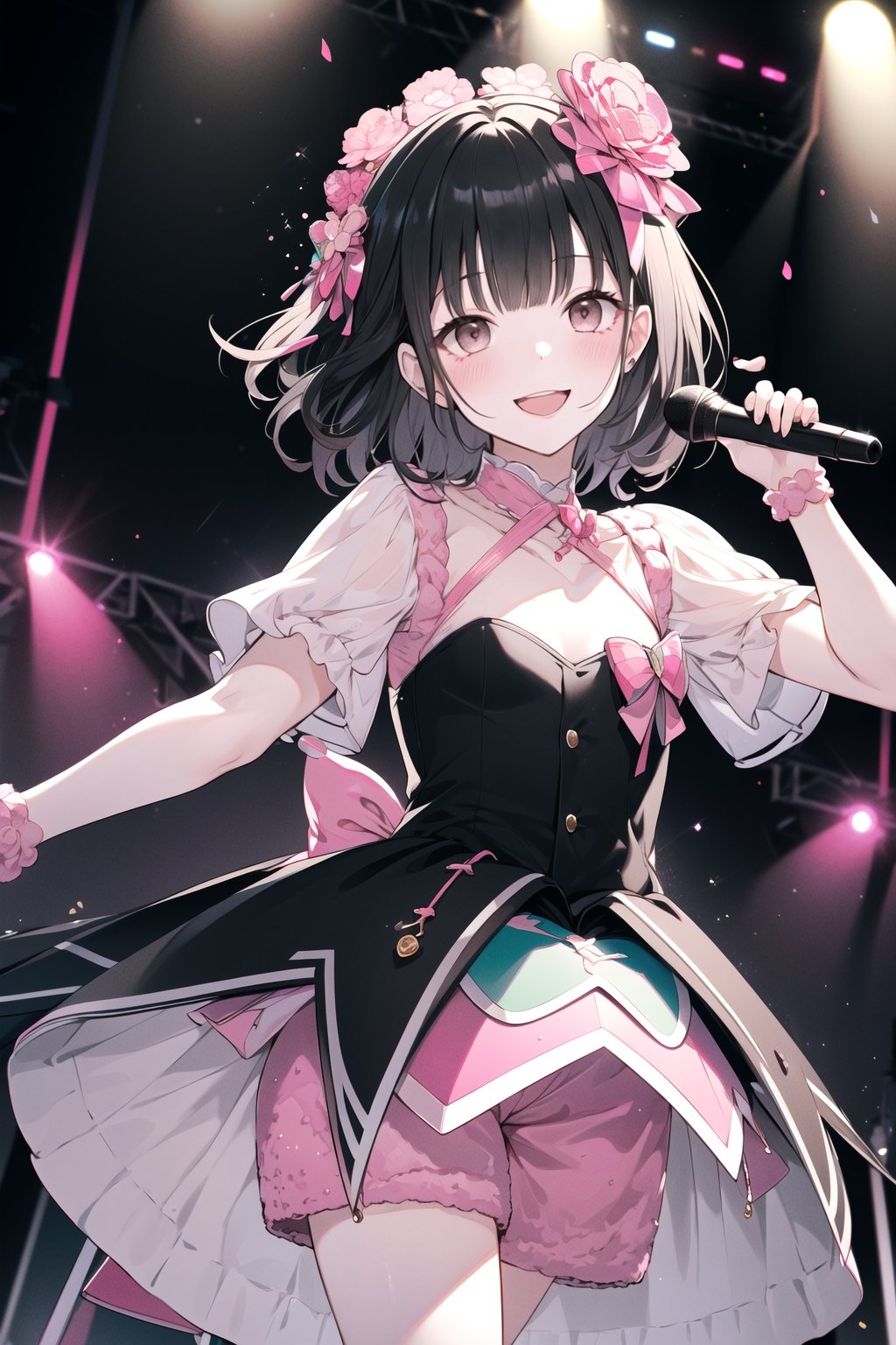 (Gray eyes, black hair, medium hair, wavy hair, small breasts, 1girl), masterpiece, best quality, looking_at_viewer, ,dress, stage, concert, idol, cowboy_shot,  blushing,  singing, smiling, happy, hair_ornaments,  pink, black, white 