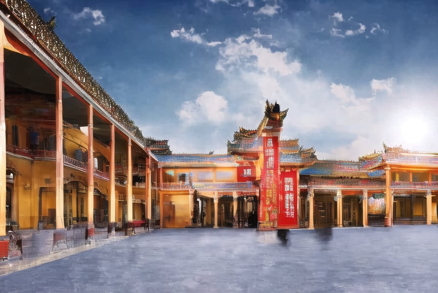 upclosed exterior view of a ancient elegant Chinese crystal palace, golden sky, hyper detailed, realistic
