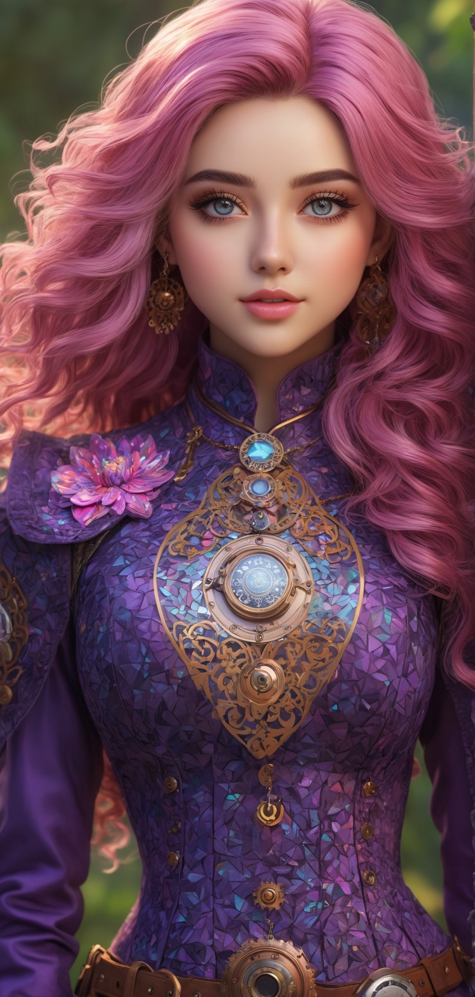 absurdres, highres, ultra detailed, (1girl:1.3),  steampunk, 

long hair, curly drill hair, pink hair, purple eyes, happy:1.3, adult, mature, blush, costume, intricate fantasy crop top with long sleeves, simple, affordable, cheap engraving, 

dynamic, mosaic art, psychedelic, fractal patterns, geometric figures, 
(flowers, petals,nature), 
(hair, realistic:1), (smooth skin, realistic:1), (eyes, bright:1),
Bright Tone, 
