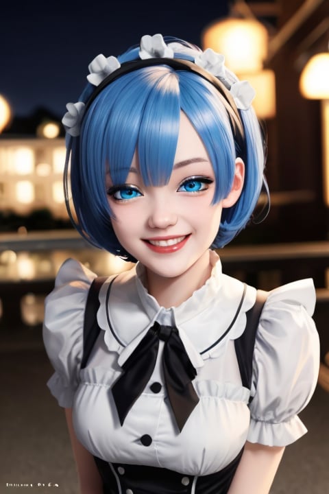 REM  uniforme maid, 1chica, pechos grandes, rostro perfecto, pupilas dilatadas, expresion timida, anochecer, sonriendo, cabello corto,ojos azules