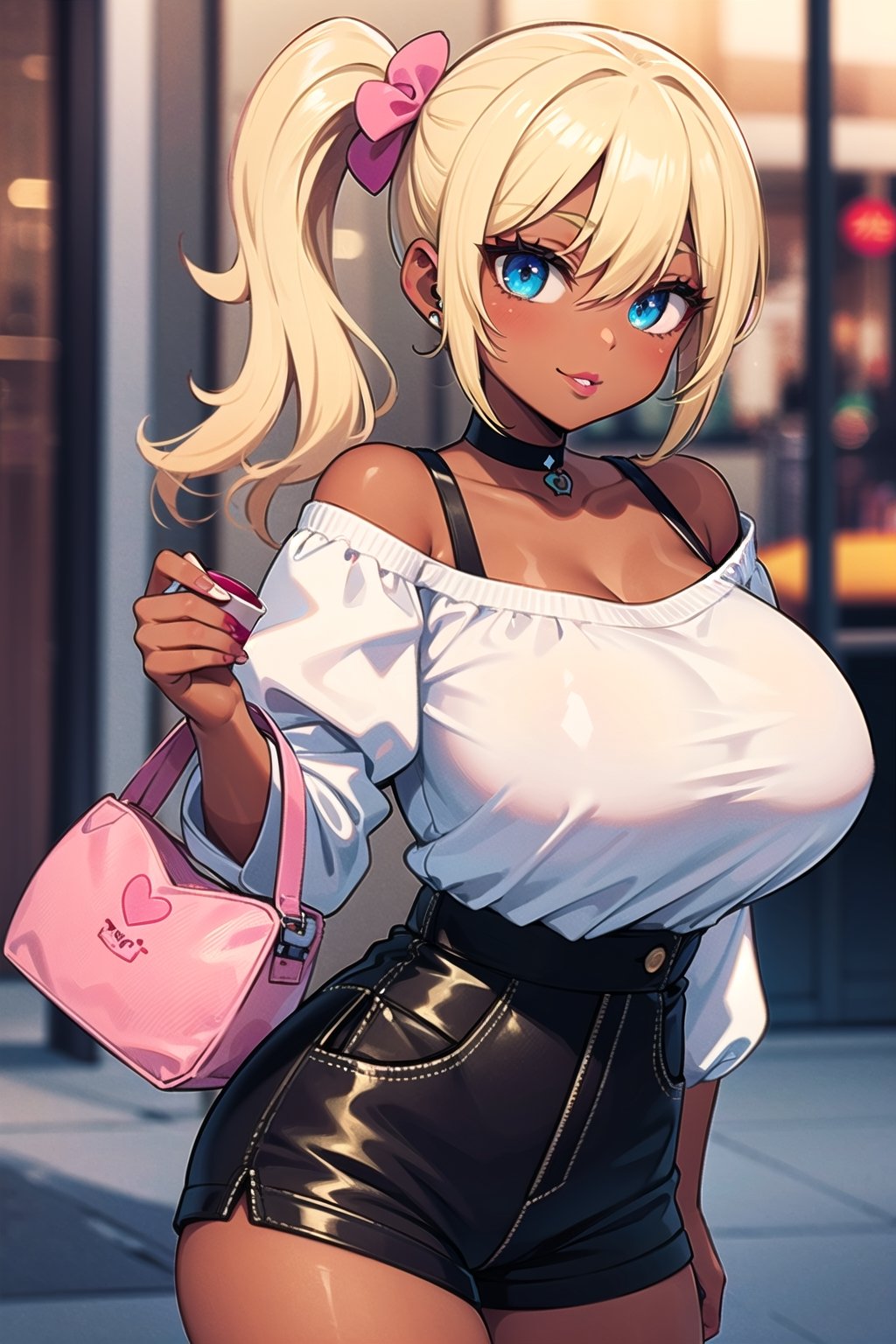 Transcendent Beautiful Girl, (masterpiece face, masterpiece eyes), have starbucks coffee, charming smile, (long eyelashes, bags_under_eyes), (huge-lip, thick pink lips:1.3), 
BREAK, 
(ganguro, dark skin:1.5), choker, piercings, (Blonde, side ponytail:2.0), 
BREAK, 
(puffy sleeves, off shoulder white ruffle shirt:1.3), (high waist black shorts:1.2), shoulder bag, 
BREAK, 
(best proportions, Supermodel), outdoor, Storefront, Starbucks, professional lighting, best quality, masterpiece, ultra detailed, captures a super cute moment, depth of field, ultra high resolution, fine details, 16k wallpaper, selfie,dark skin