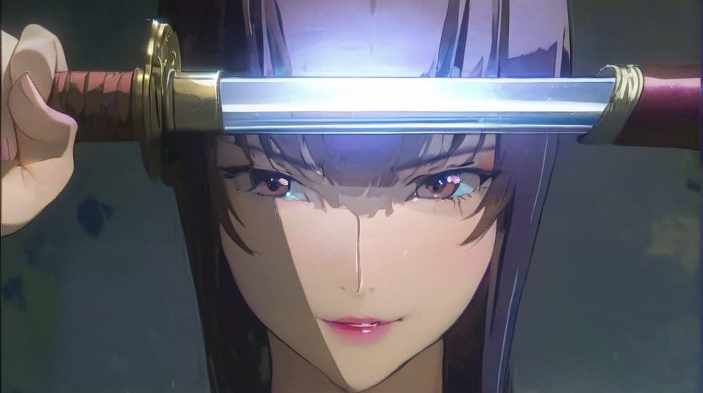 Masterpiece, high-definition animation, super high-definition rendering, (One woman), Japanese sword in front of face, (Brown hair), Long bangs, (Pretty face), Smiling, Pink lips