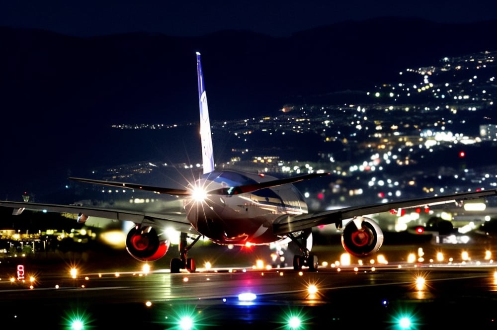 Masterpiece, high-resolution animation, ultra-high-resolution rendering, passenger plane landing on the runway at night, runway guide light, back of the passenger plane looking up from below,