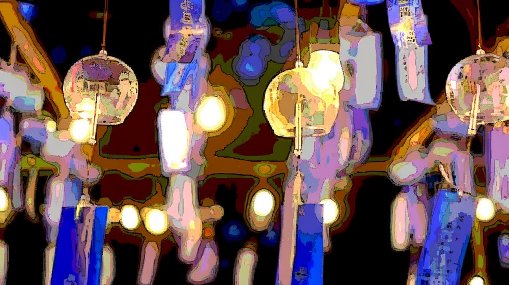 Masterpiece, high resolution animation, ultra high resolution rendering, light bulbs and round glass wind chimes at night