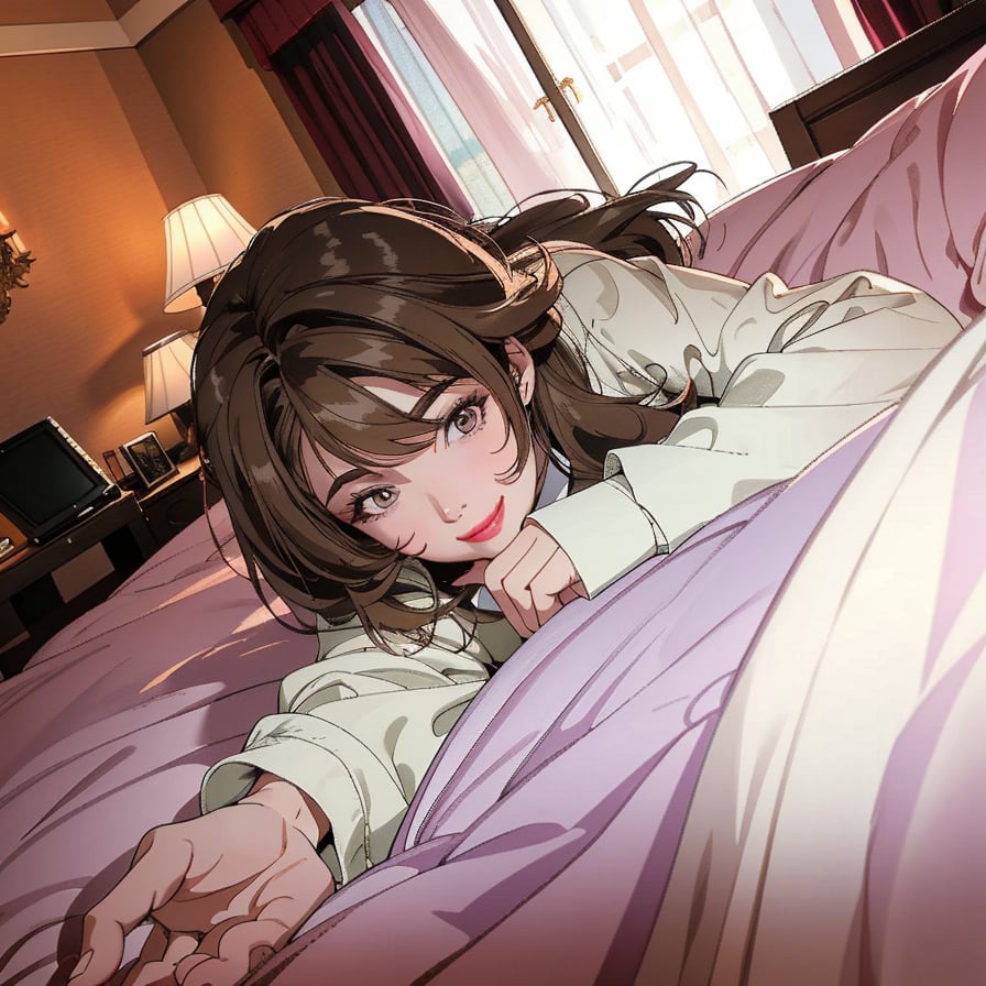 Masterpiece, high-definition animation, super high-definition rendering, (single woman), hotel bedroom background, female face lying face down on white bed looking at camera, brown hair, (beautiful face), pink lips, smiling face, white long sleeves, right hand extended, left hand clasped to mouth