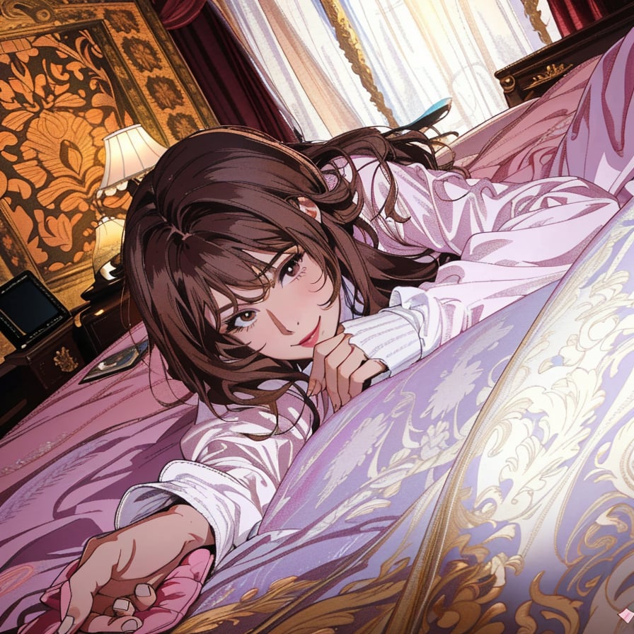 Masterpiece, high-definition animation, super high-definition rendering, (single woman), hotel bedroom background, female face lying face down on white bed looking at camera, brown hair, (beautiful face), pink lips, smiling face, white long sleeves, right hand extended, left hand clasped to mouth