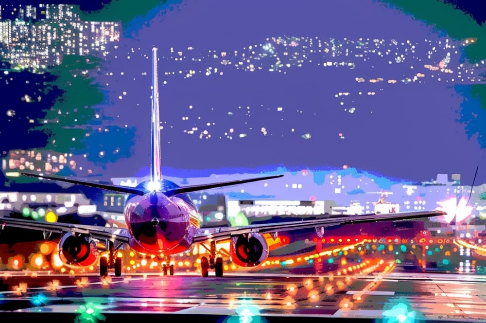 Masterpiece, high-resolution animation, ultra-high-resolution rendering, passenger plane landing on the runway at night, runway guide light, back of the passenger plane looking up from below,