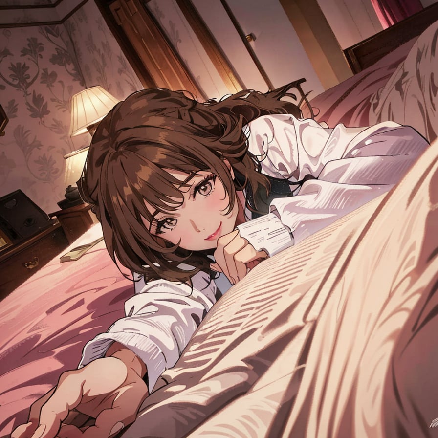 Masterpiece, high-definition animation, super high-definition rendering, (single woman), hotel bedroom background, female face lying face down on white bed looking at camera, brown hair, (beautiful face), pink lips, smiling face, white long sleeves, right hand extended, left hand clasped to mouth