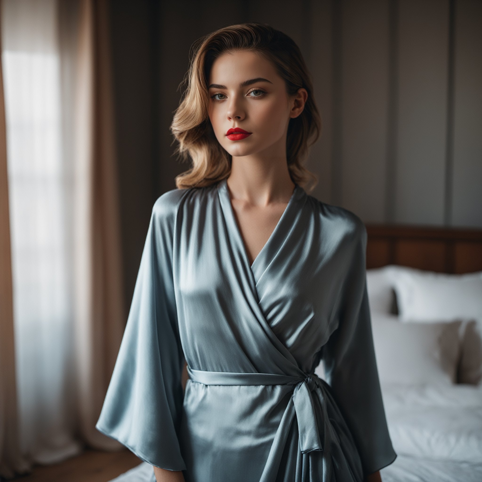 close portrait, 24 years old lady wears bed wrap dress in her bedroom, 30 style of Pinterest dress, artistic, cinematic mood, full shot , feminine, slight red lipstick, ultrasharp