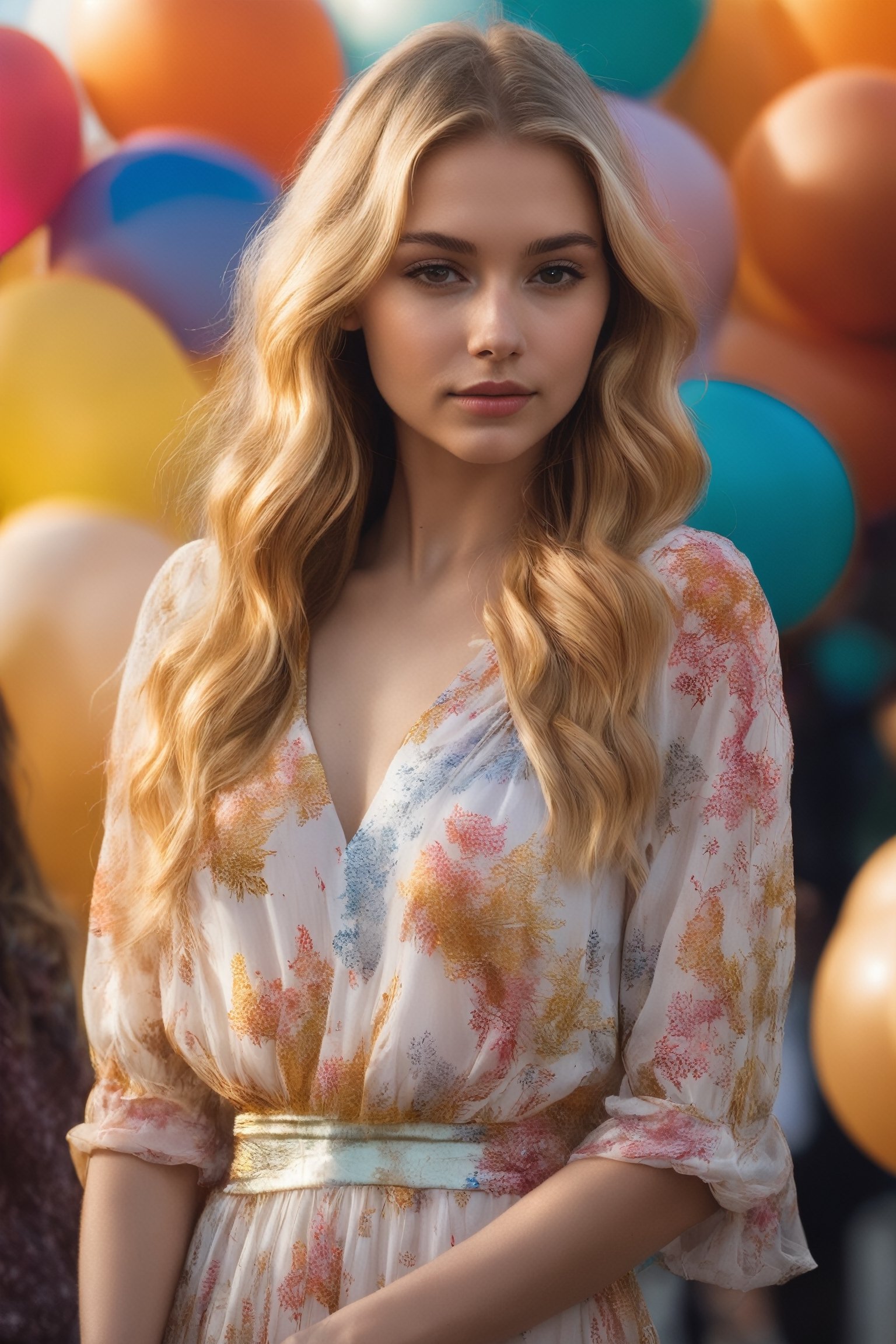 ((1girl)), age 26, caucasian, long blonde wavy hair, summer dress, ((photorealistic)), award winning beautiful face, shy smile, she is surrounded by colorful bolloons, best quality, golden hour,