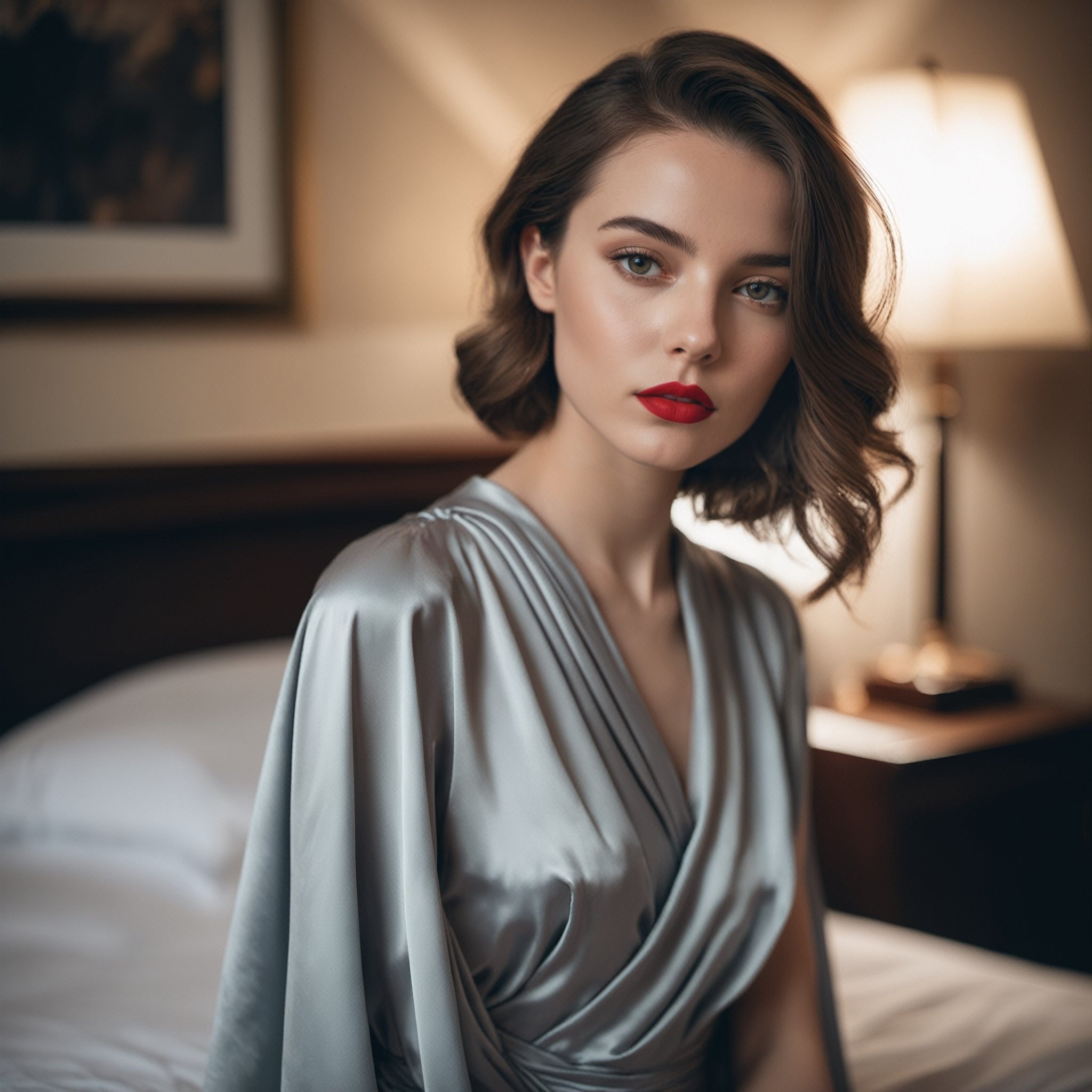 close portrait, 24 years old lady wears bed wrap dress in her bedroom, 30 style of Pinterest dress, artistic, cinematic mood, full shot , feminine, slight red lipstick, ultrasharp