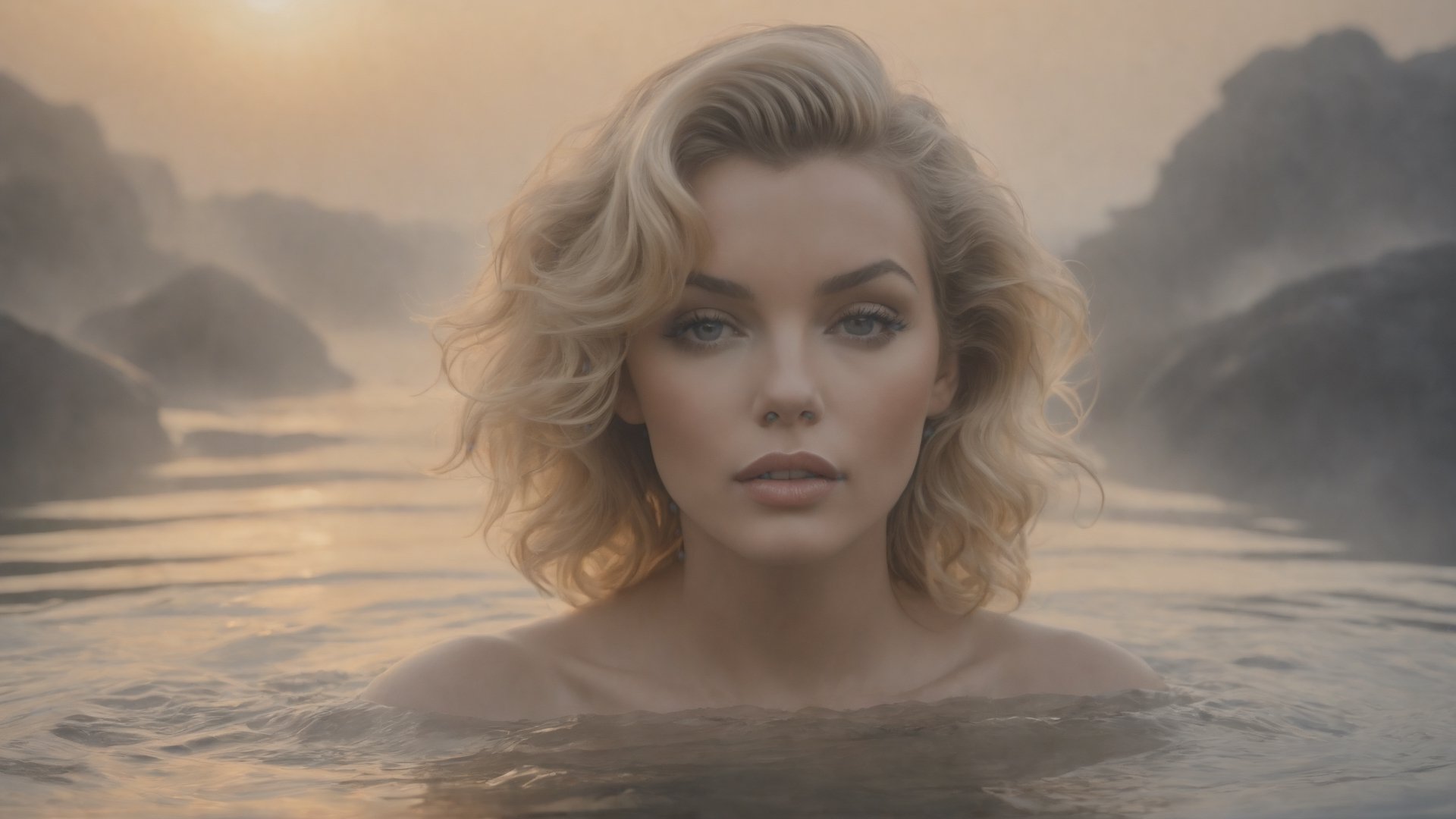 award winning glamour photograph, ((best quality)), ((masterpiece)), ((realistic)), Portrait, frontal view, ((Marilyn Monroe: Michelle Pfeiffer:0.8)), age 22, long brown hair, detailed skin, intense look into camera, The woman is standing submerged to her nipples in water, nude, water is turbulent, rocks in background, mist, early morning, she's surrounded by smoke, her reflection adding an ethereal touch. Style: Artistic portrait portraying serenity and a connection with nature ,photo of perfecteyes eyes