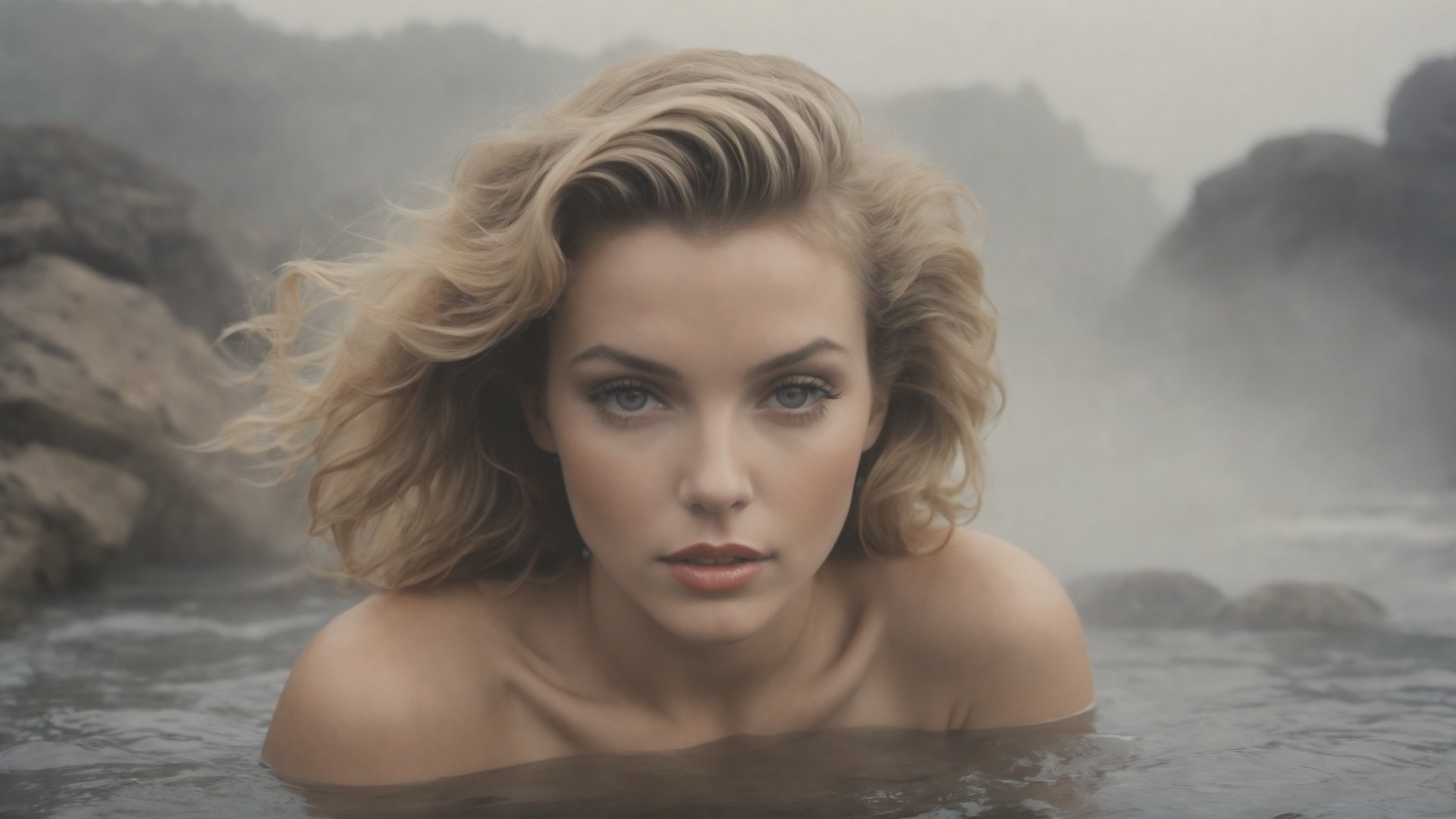 award winning glamour photograph, ((best quality)), ((masterpiece)), ((realistic)), Portrait, frontal view, ((Marilyn Monroe: Michelle Pfeiffer:0.8)), age 22, long brown hair, detailed skin, intense look into camera, The woman is standing submerged to her nipples in water, nude, water is turbulent, rocks in background, ((mist)), ((haze)), early morning, she's surrounded by smoke, her reflection adding an ethereal touch. Style: Artistic portrait portraying serenity and a connection with nature ,photo of perfecteyes eyes